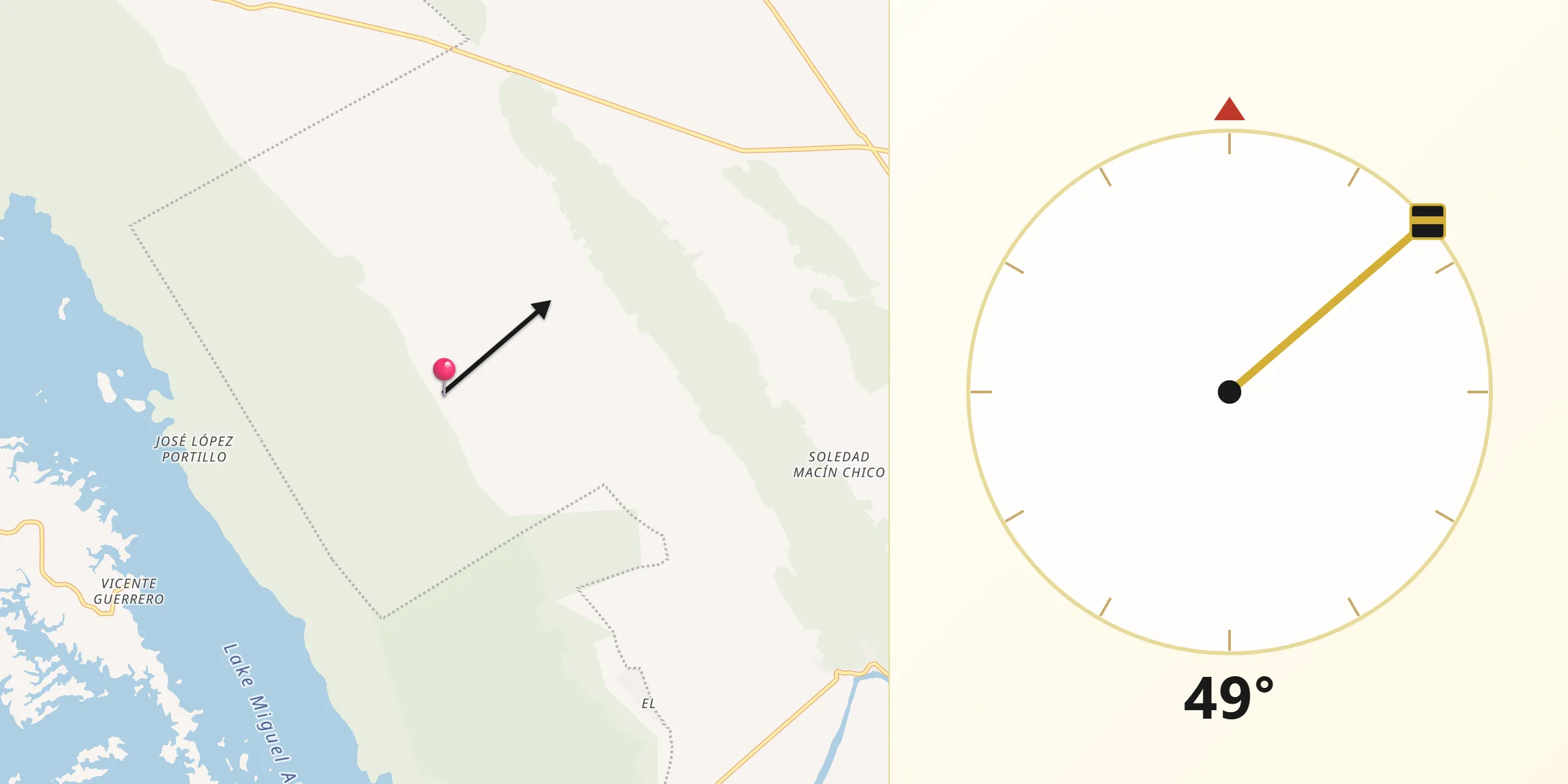 Dirección de la Qibla desde Macín Chico