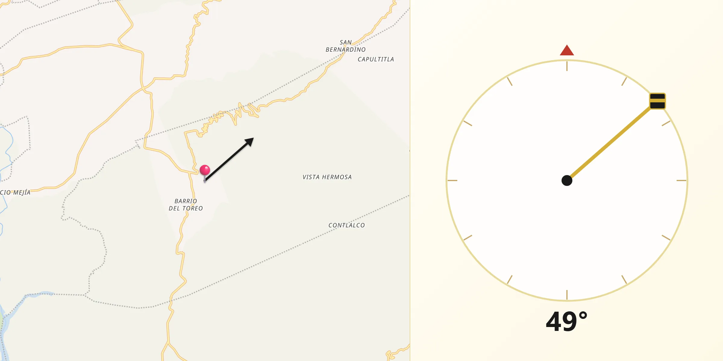 Dirección de la Qibla desde Toxpalan
