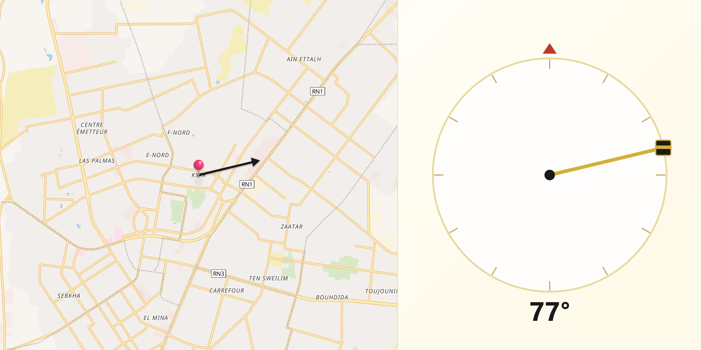 Direction vers la Qibla depuis Ksar