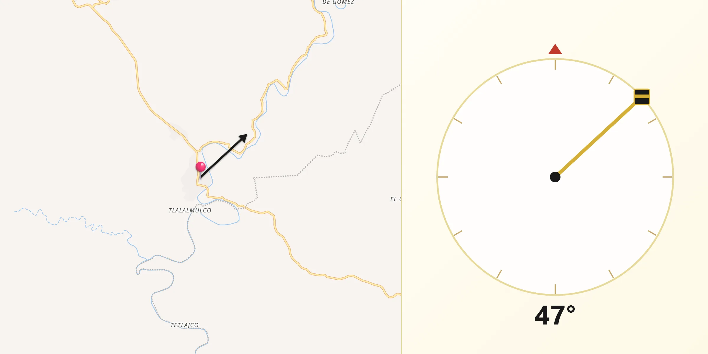 Dirección de la Qibla desde Atenango del Río