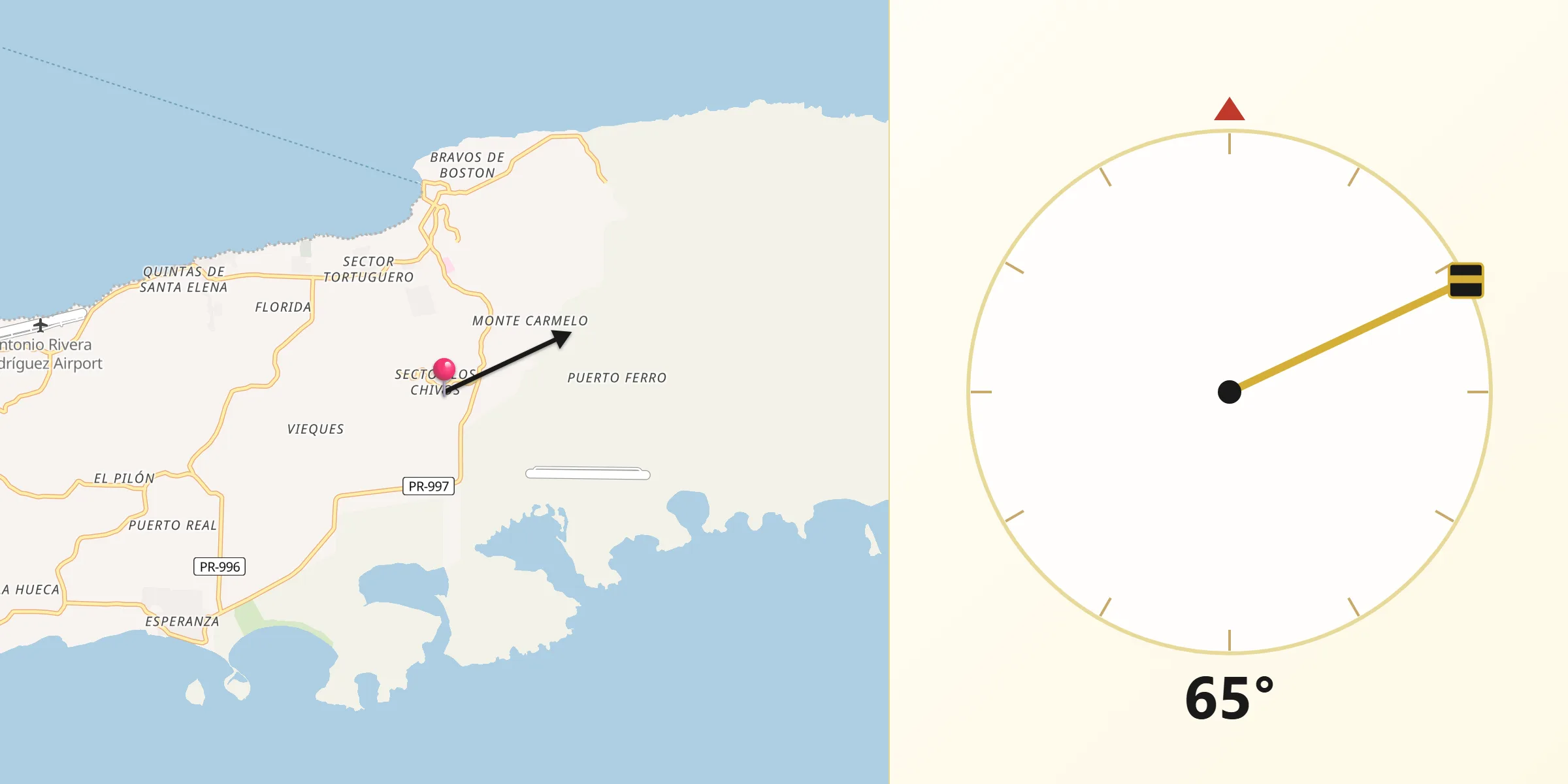 Dirección de la Qibla desde Vieques