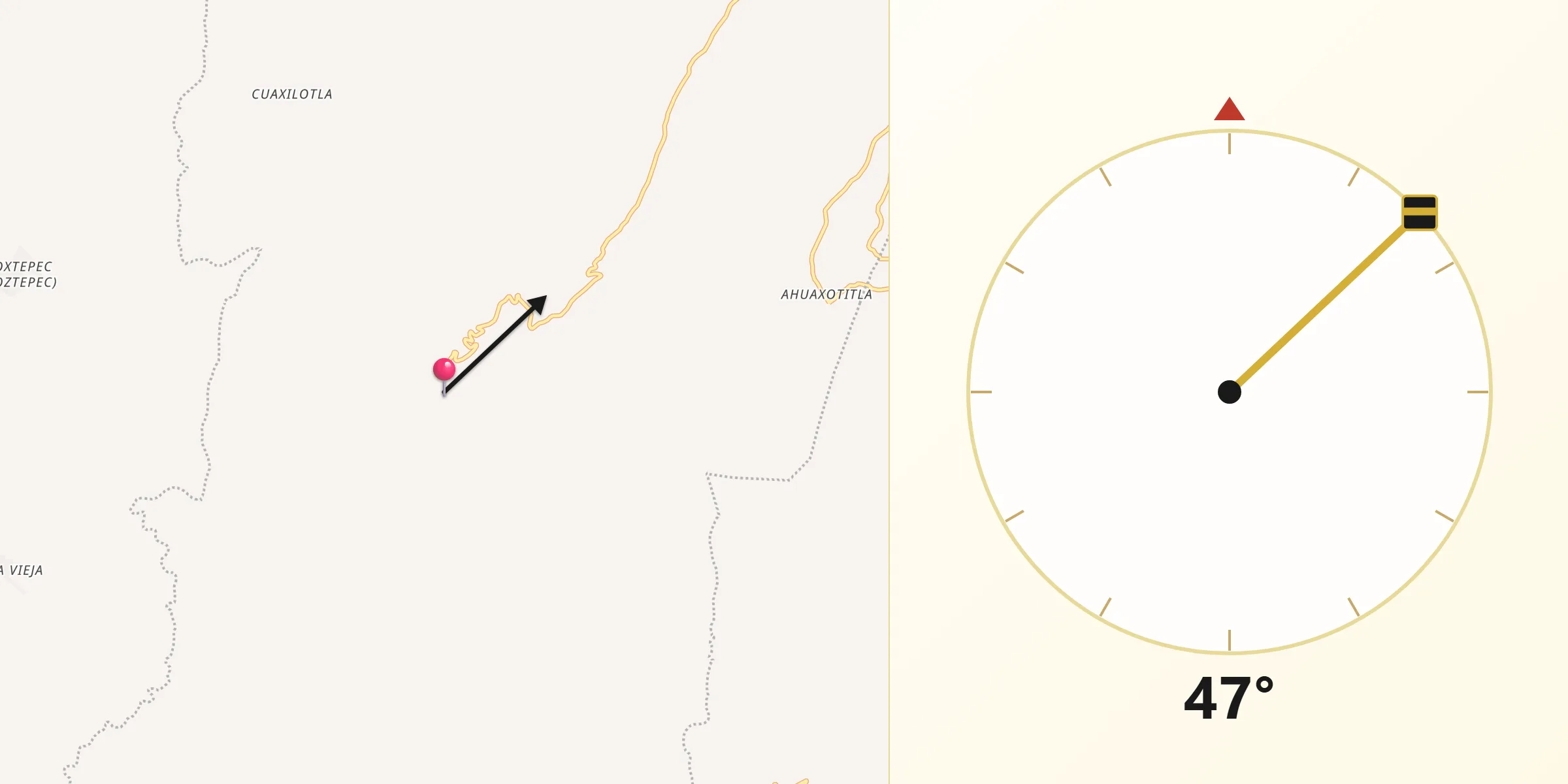 Dirección de la Qibla desde Cuetzala del Progreso