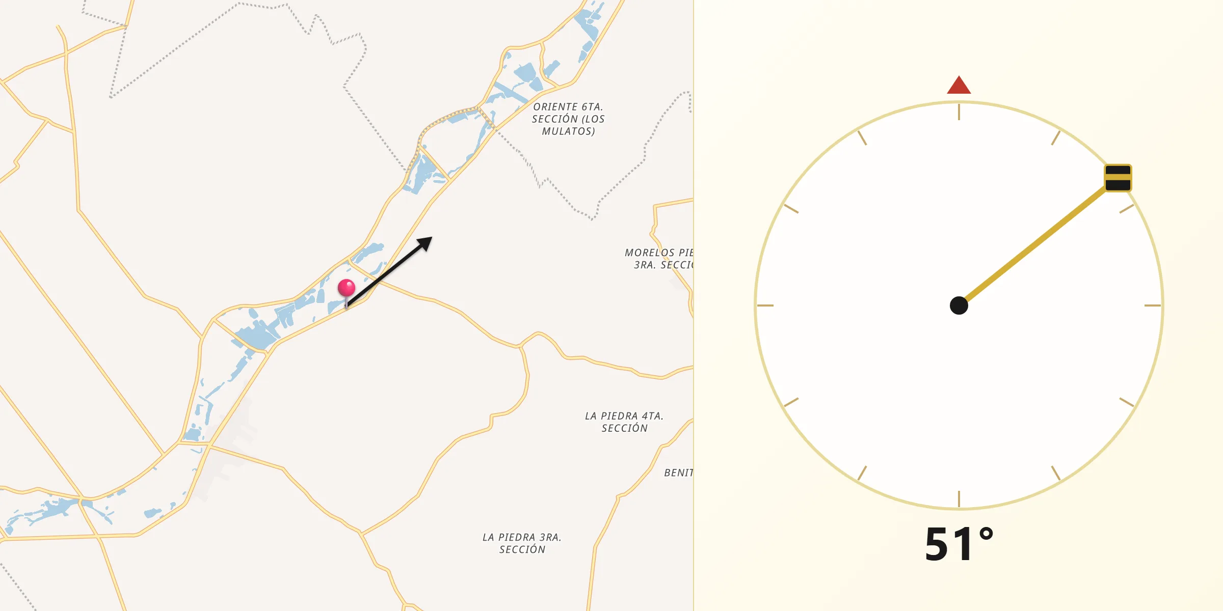 Dirección de la Qibla desde Río Seco 2da. Sección (Santiaguito)