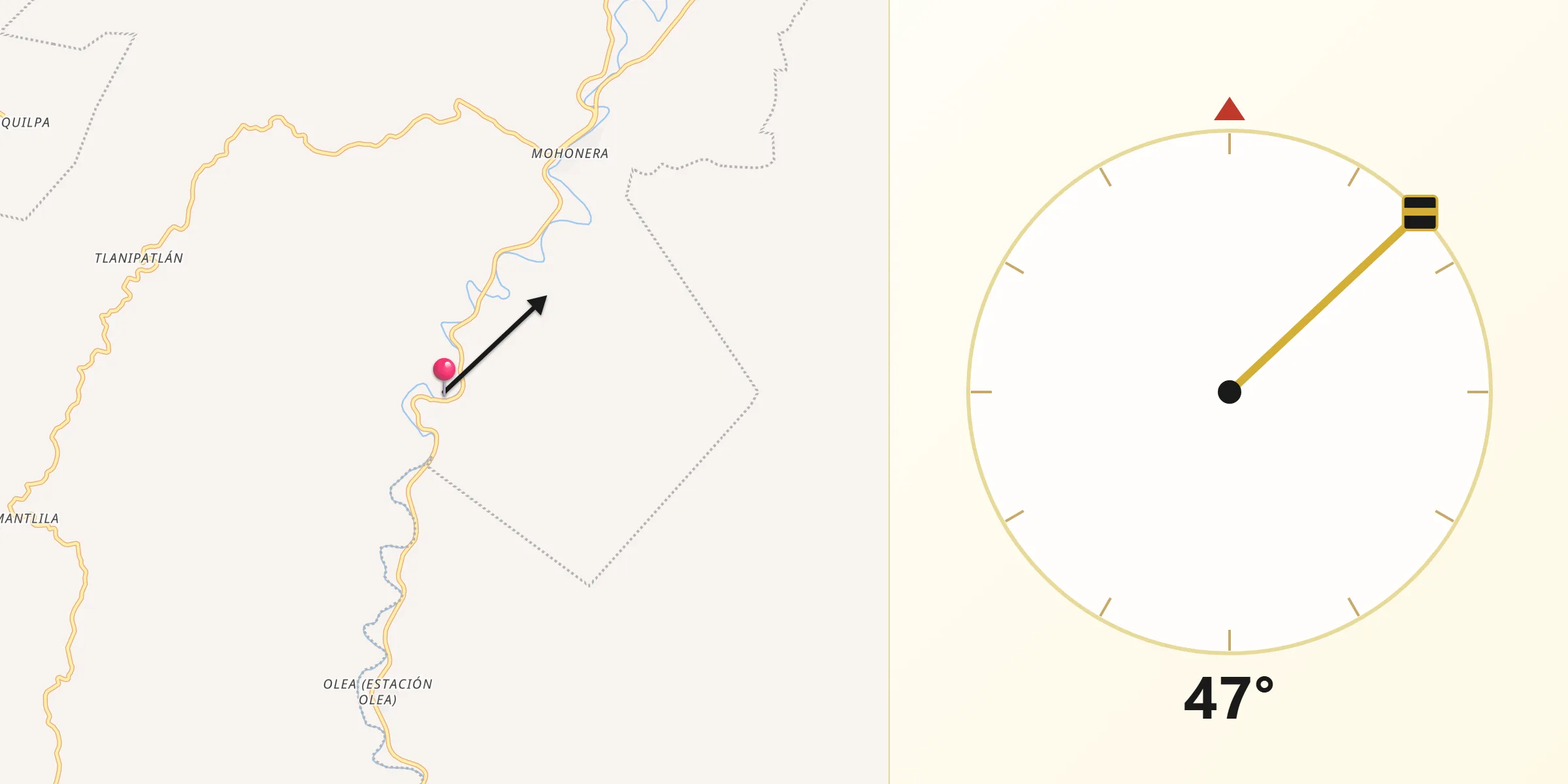 Dirección de la Qibla desde Cocula