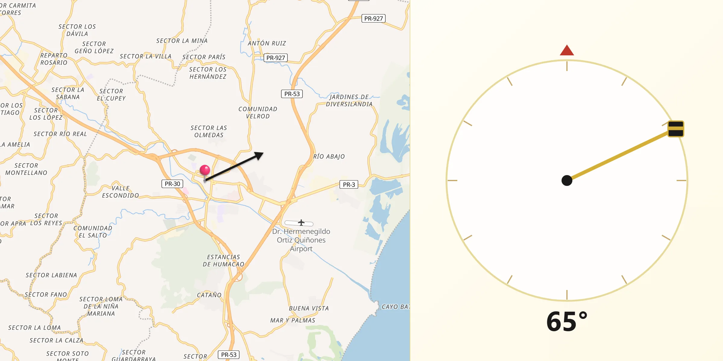 Qibla Direction from Humacao