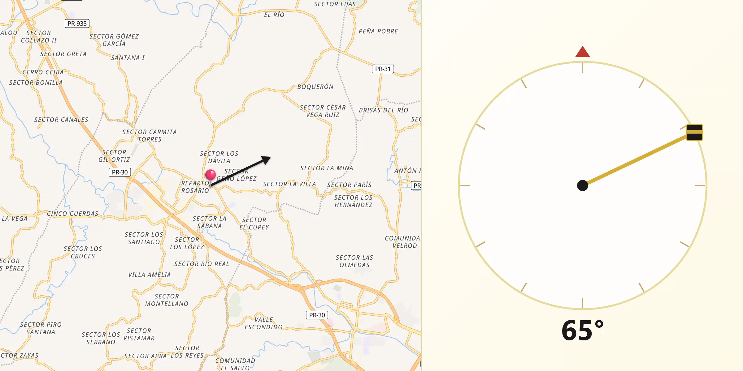 Qibla Direction from Las Piedras