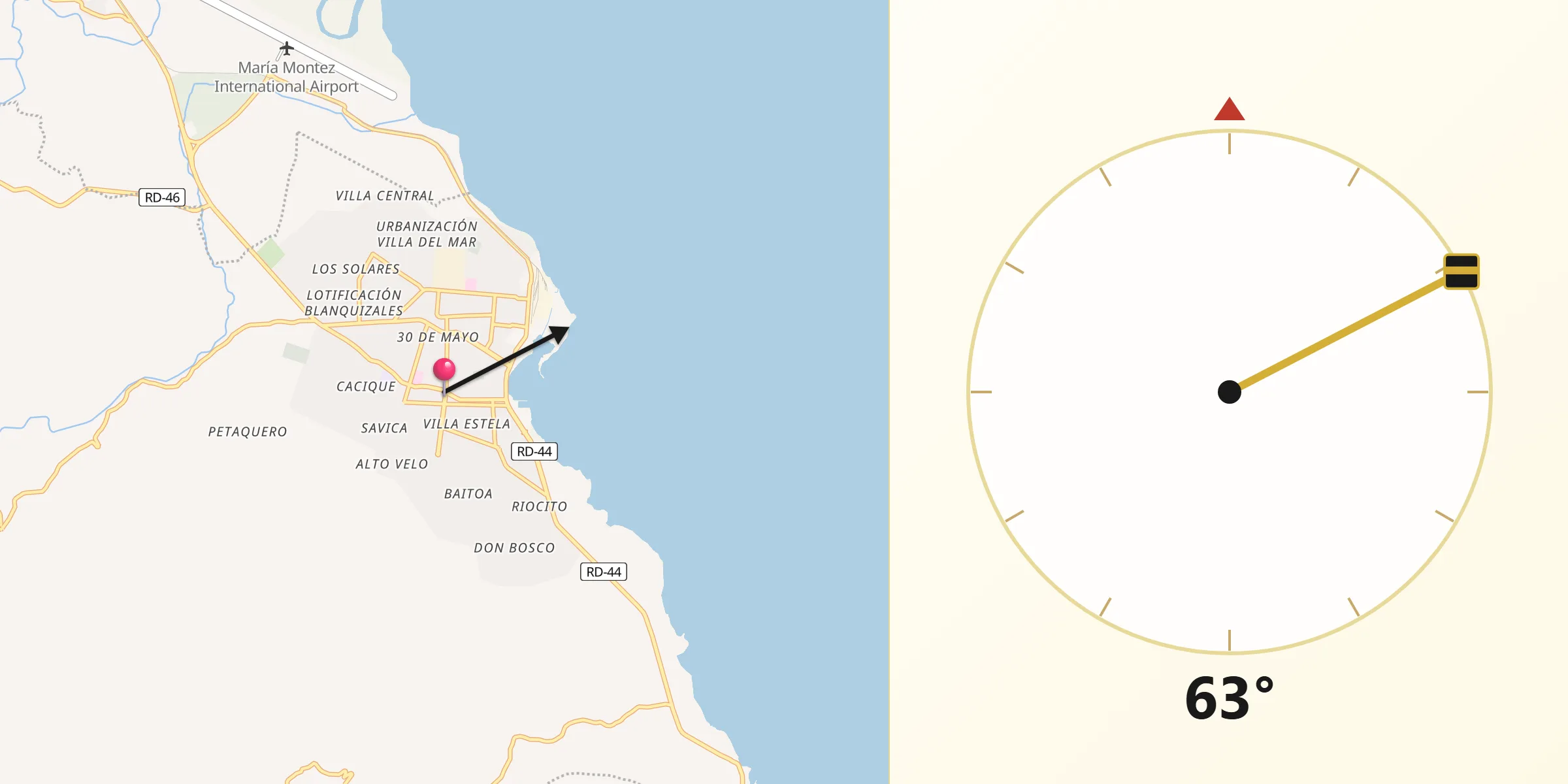 Dirección de la Qibla desde Santa Cruz de Barahona