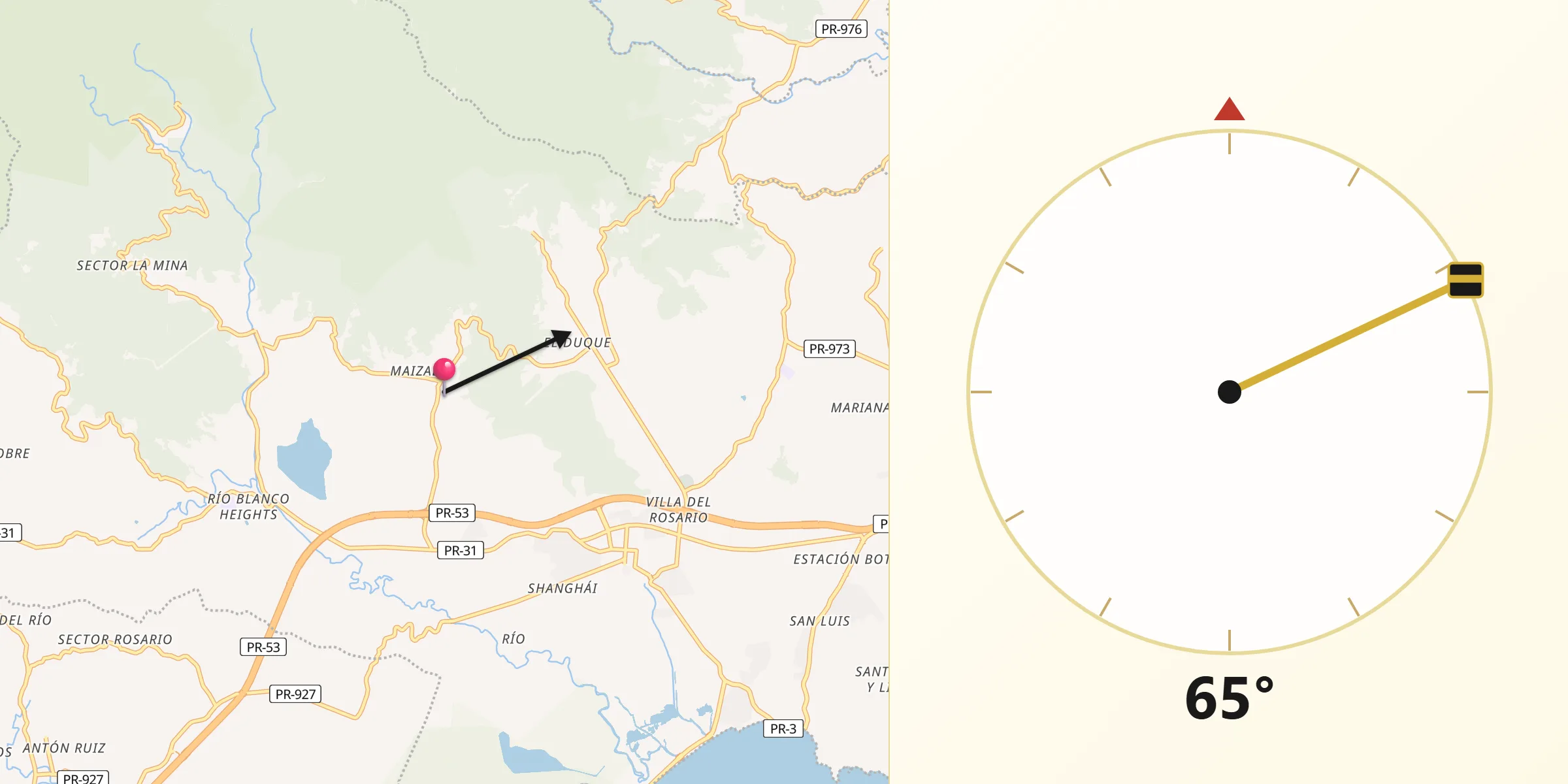 Qibla Direction from Naguabo Municipio