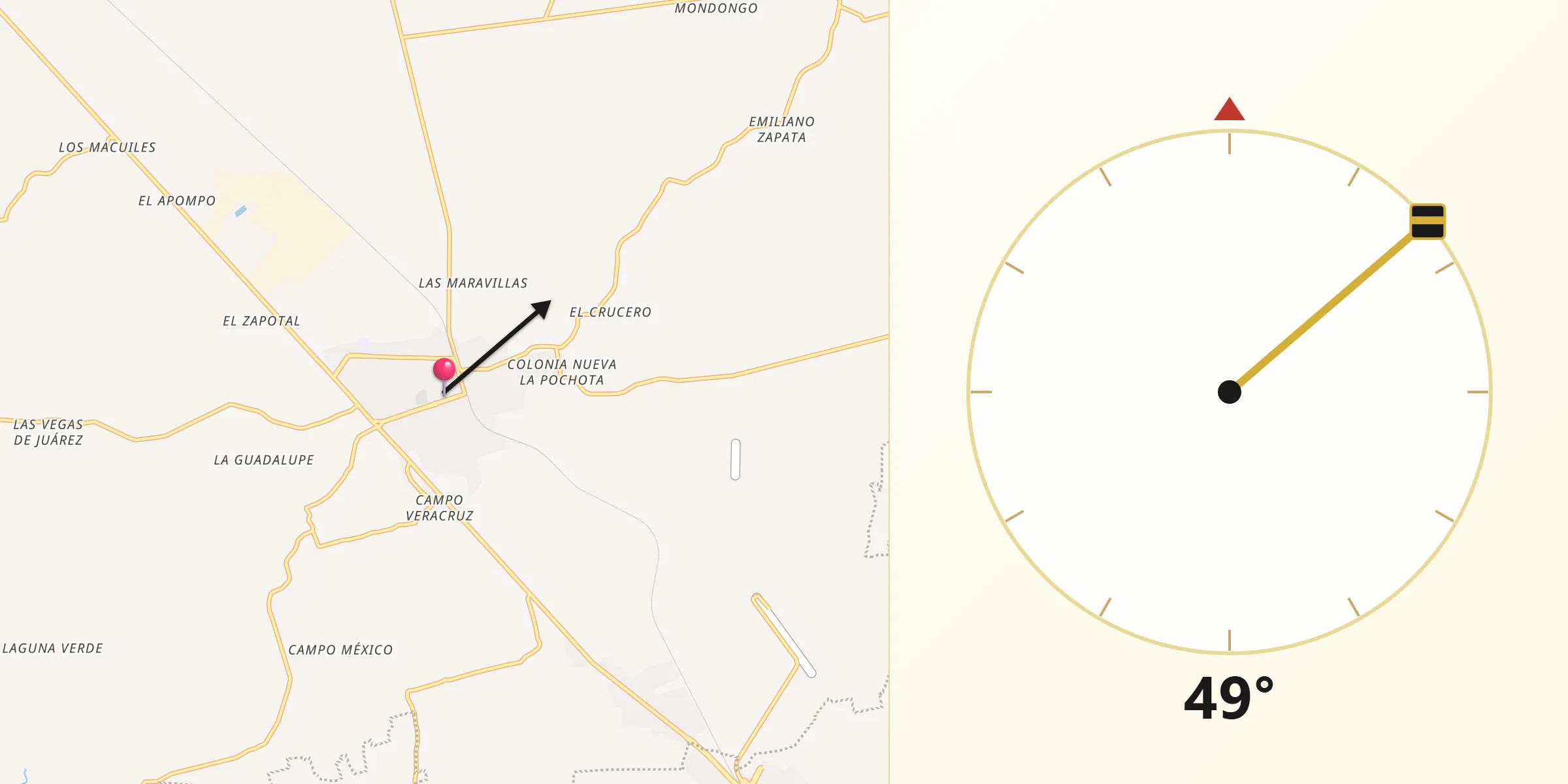 Dirección de la Qibla desde Tres Valles