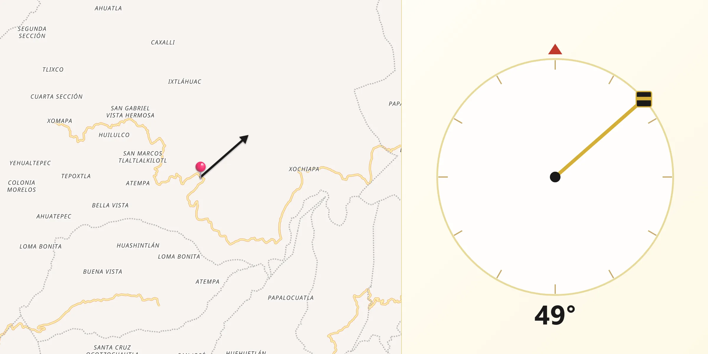 Dirección de la Qibla desde San Juan Cuautla