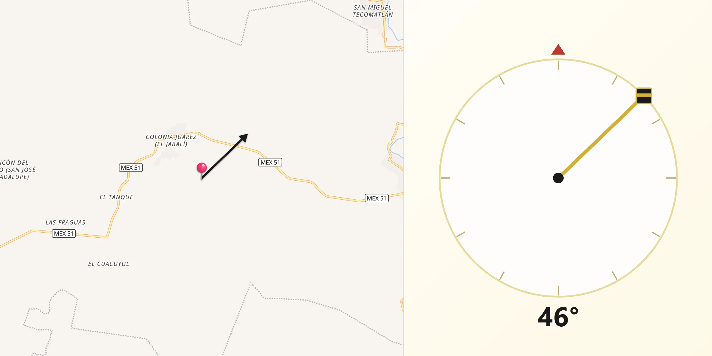 Dirección de la Qibla desde Tlapehuala