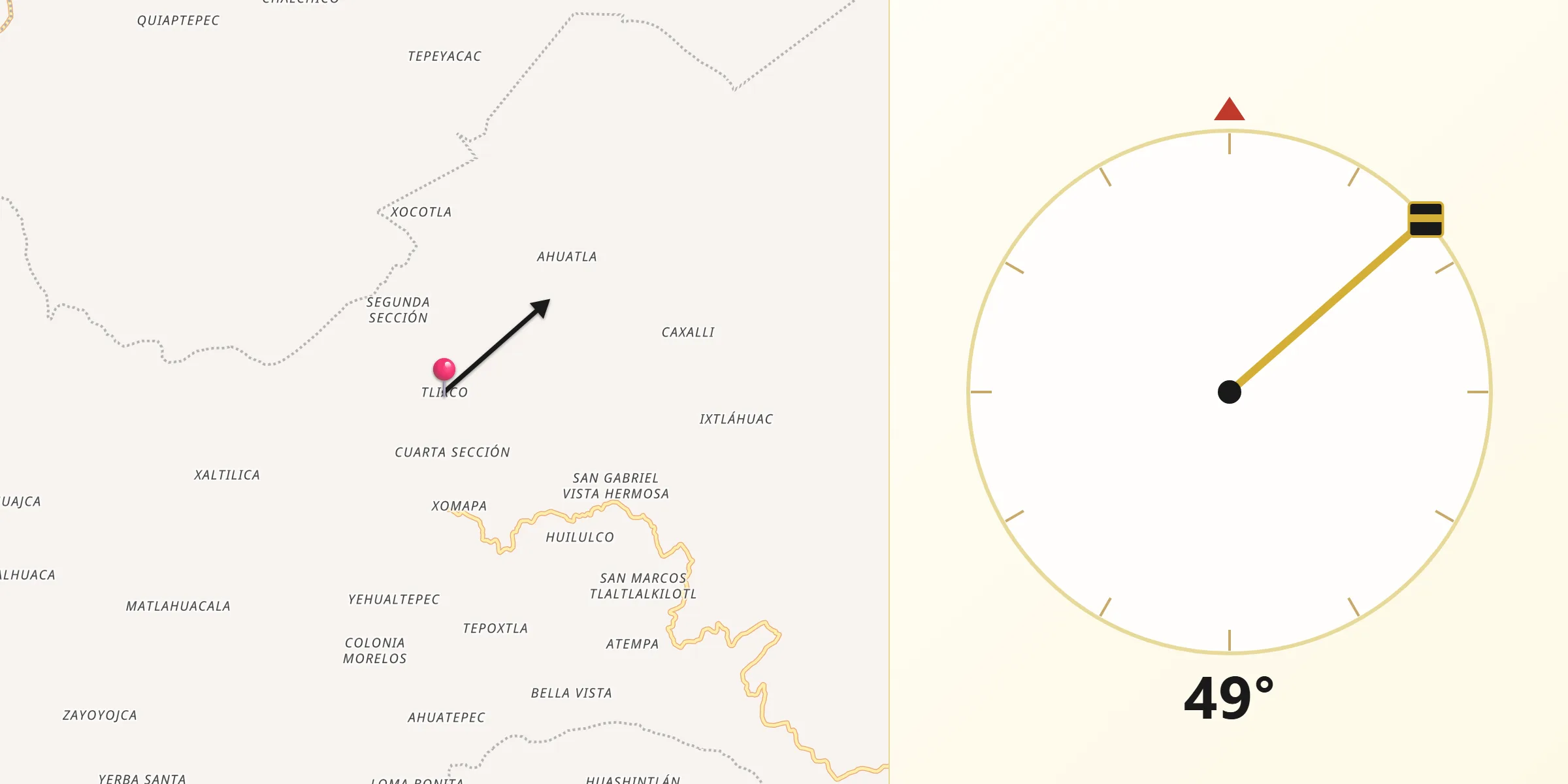 Dirección de la Qibla desde Tlixco