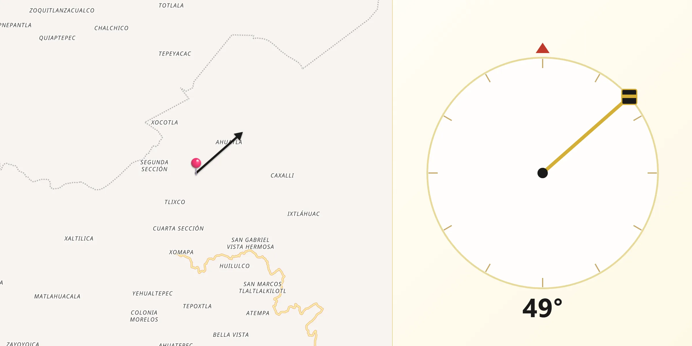 Dirección de la Qibla desde Coyomeapan