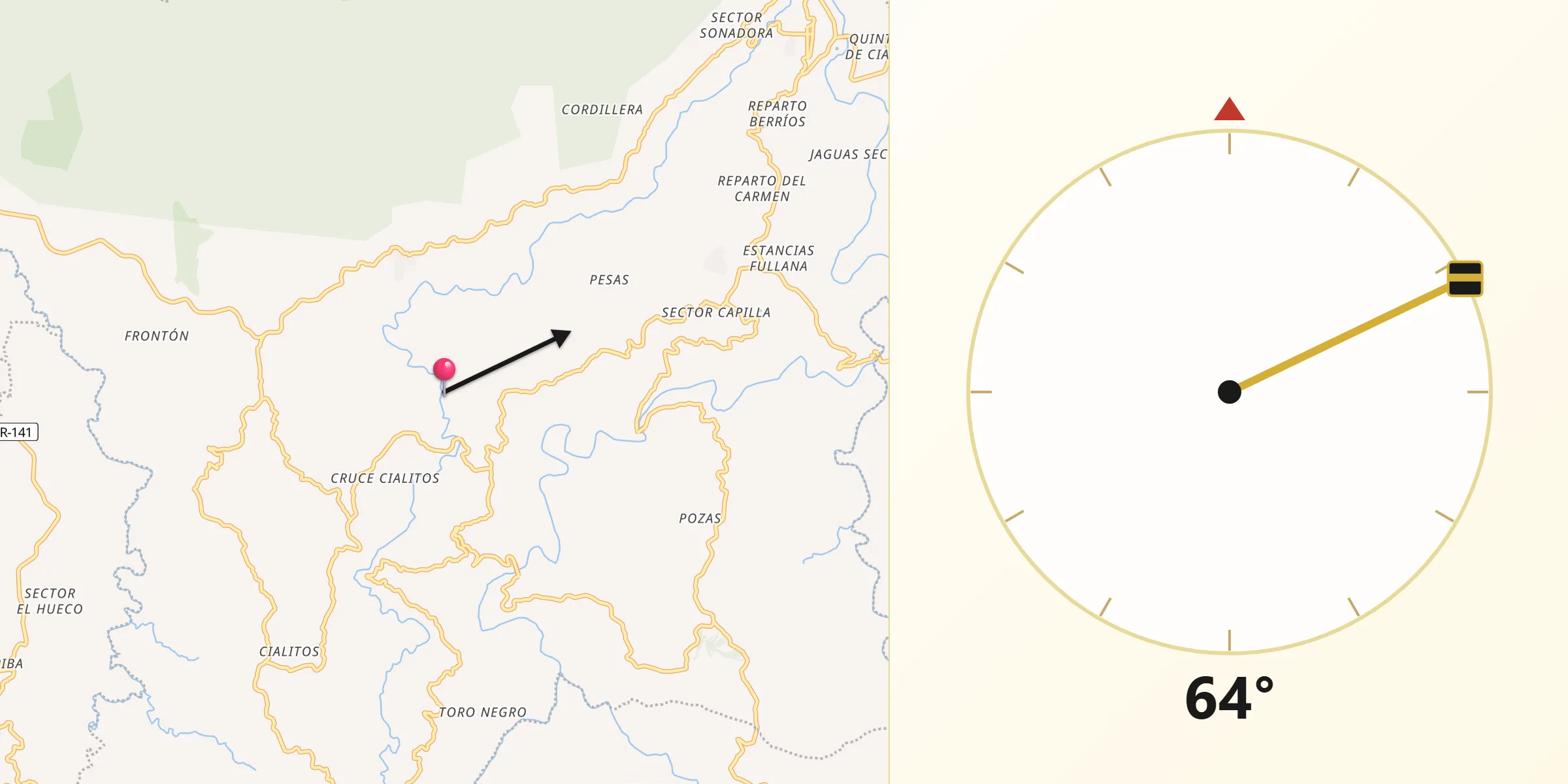 Qibla Direction from Ciales Municipio