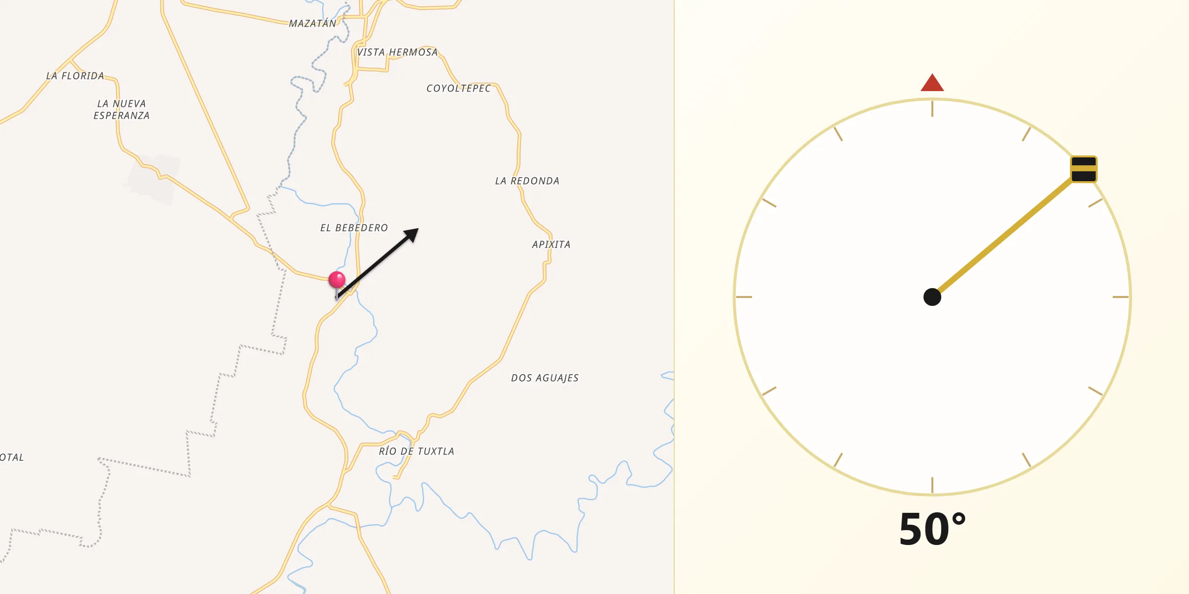 Dirección de la Qibla desde Mazumiapam