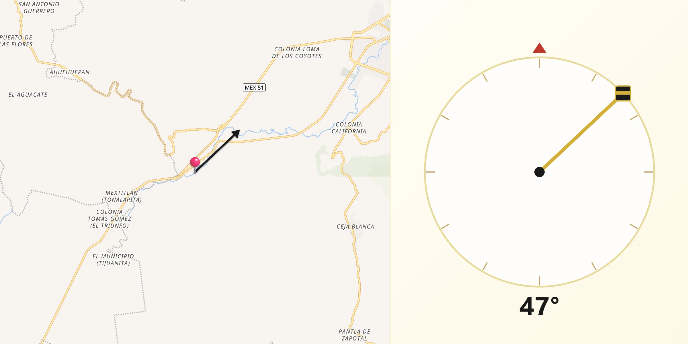 Dirección de la Qibla desde Metlapa