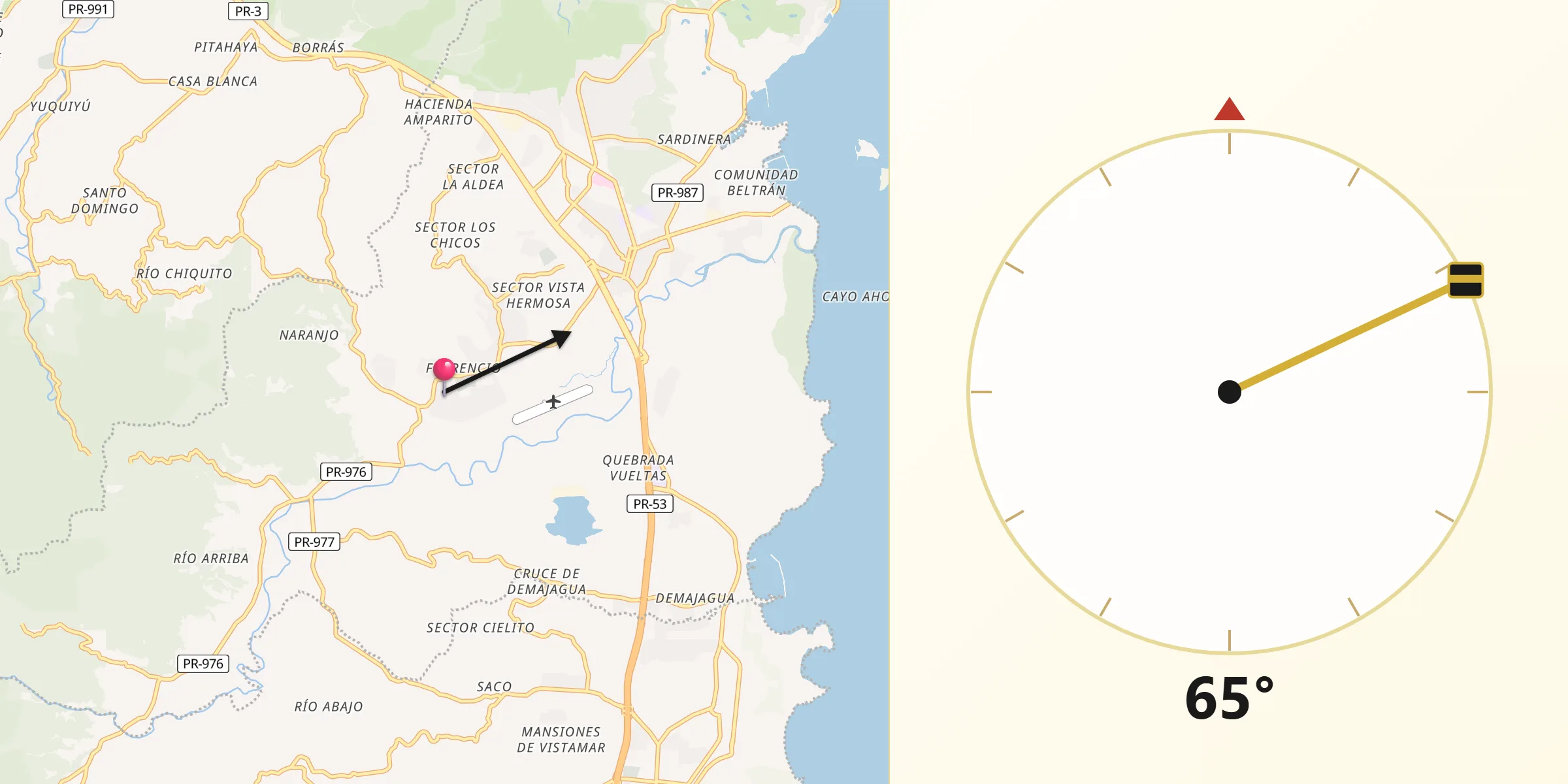 Qibla Direction from Fajardo Municipio