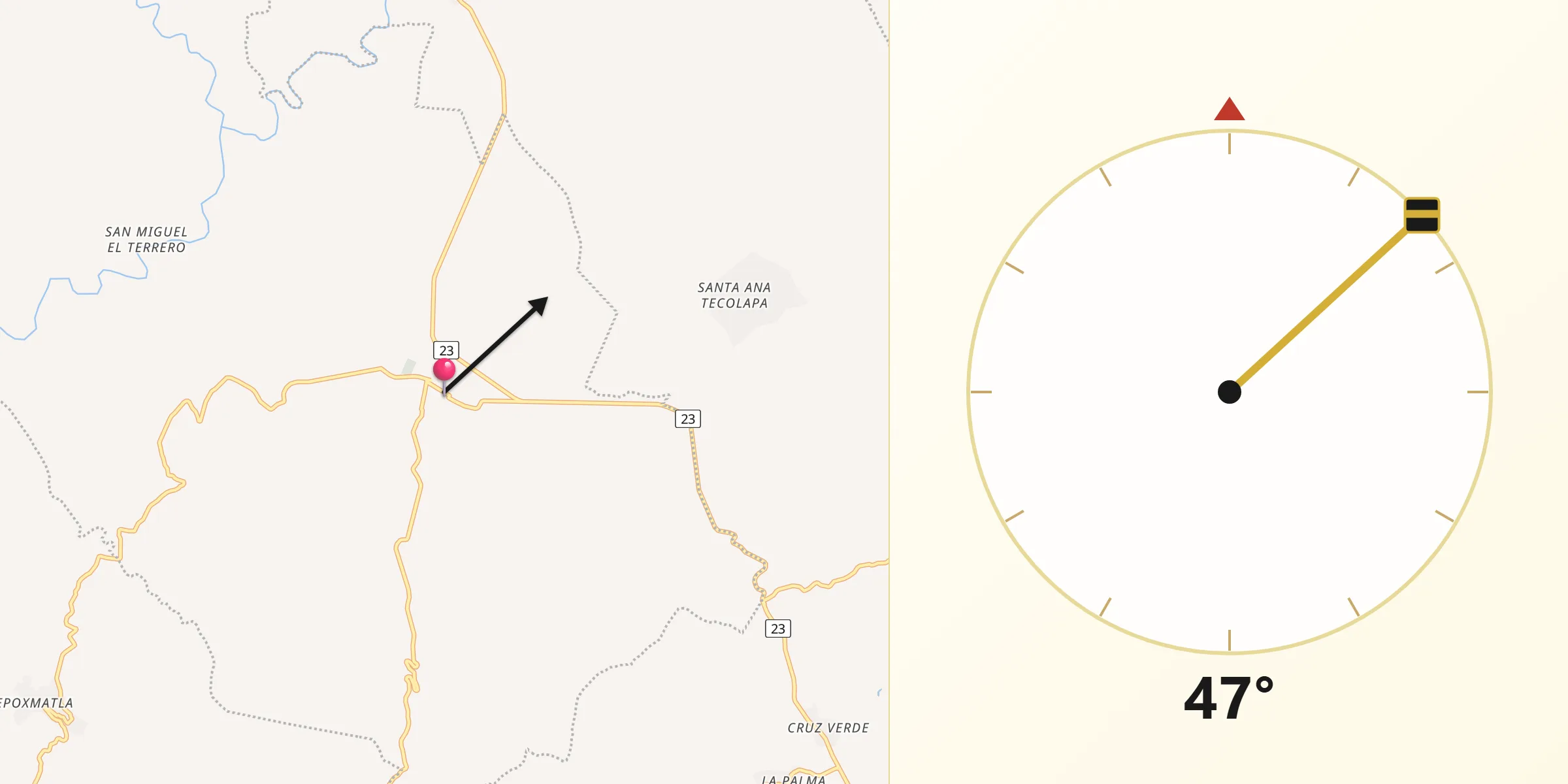 Dirección de la Qibla desde Huehuetlan el Chico