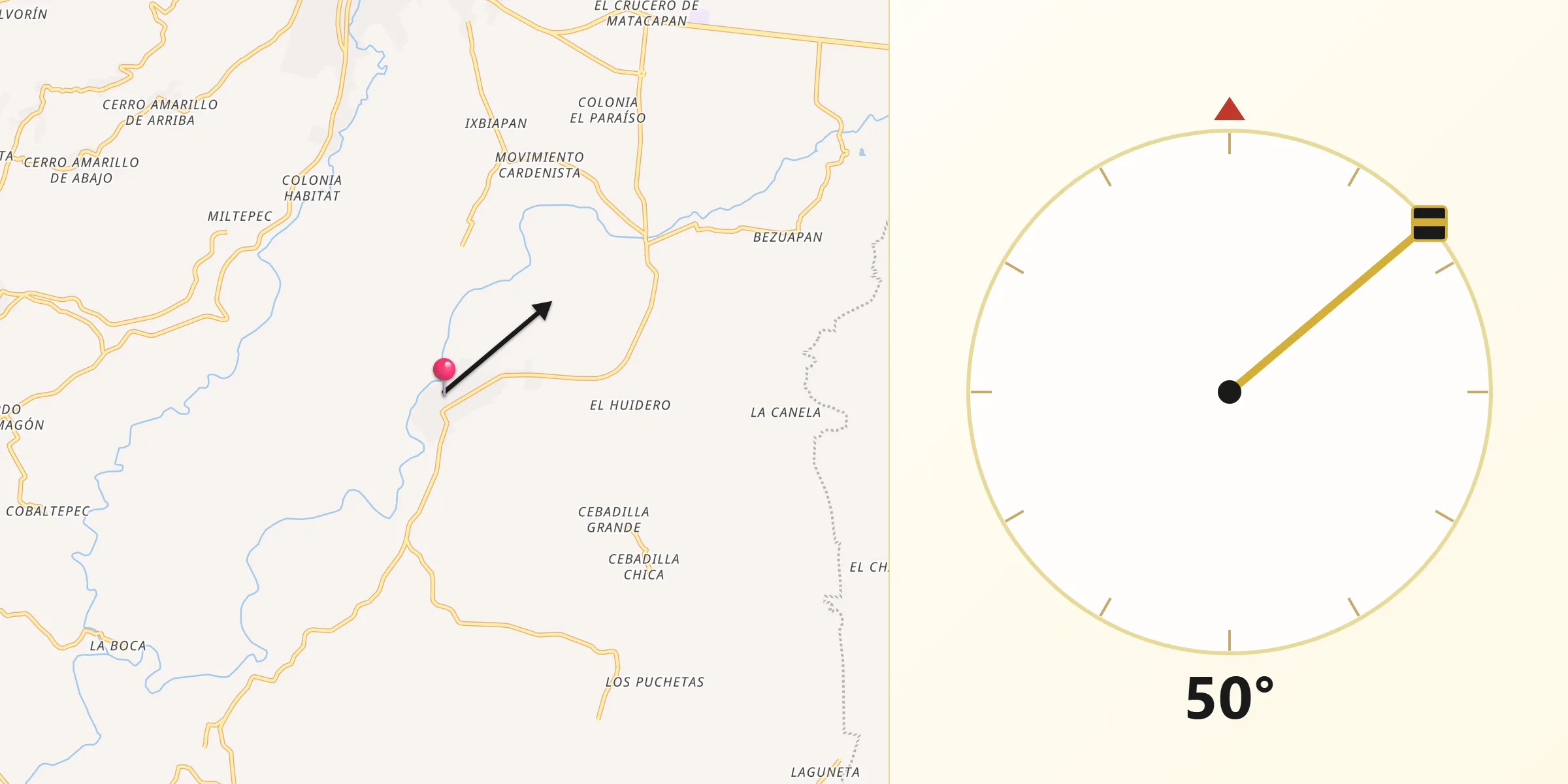 Dirección de la Qibla desde El Salto de Eyipantla