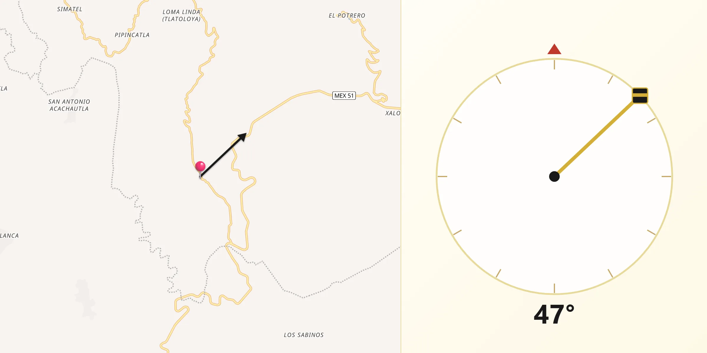 Dirección de la Qibla desde San Martín Pachivia (Pachivia)