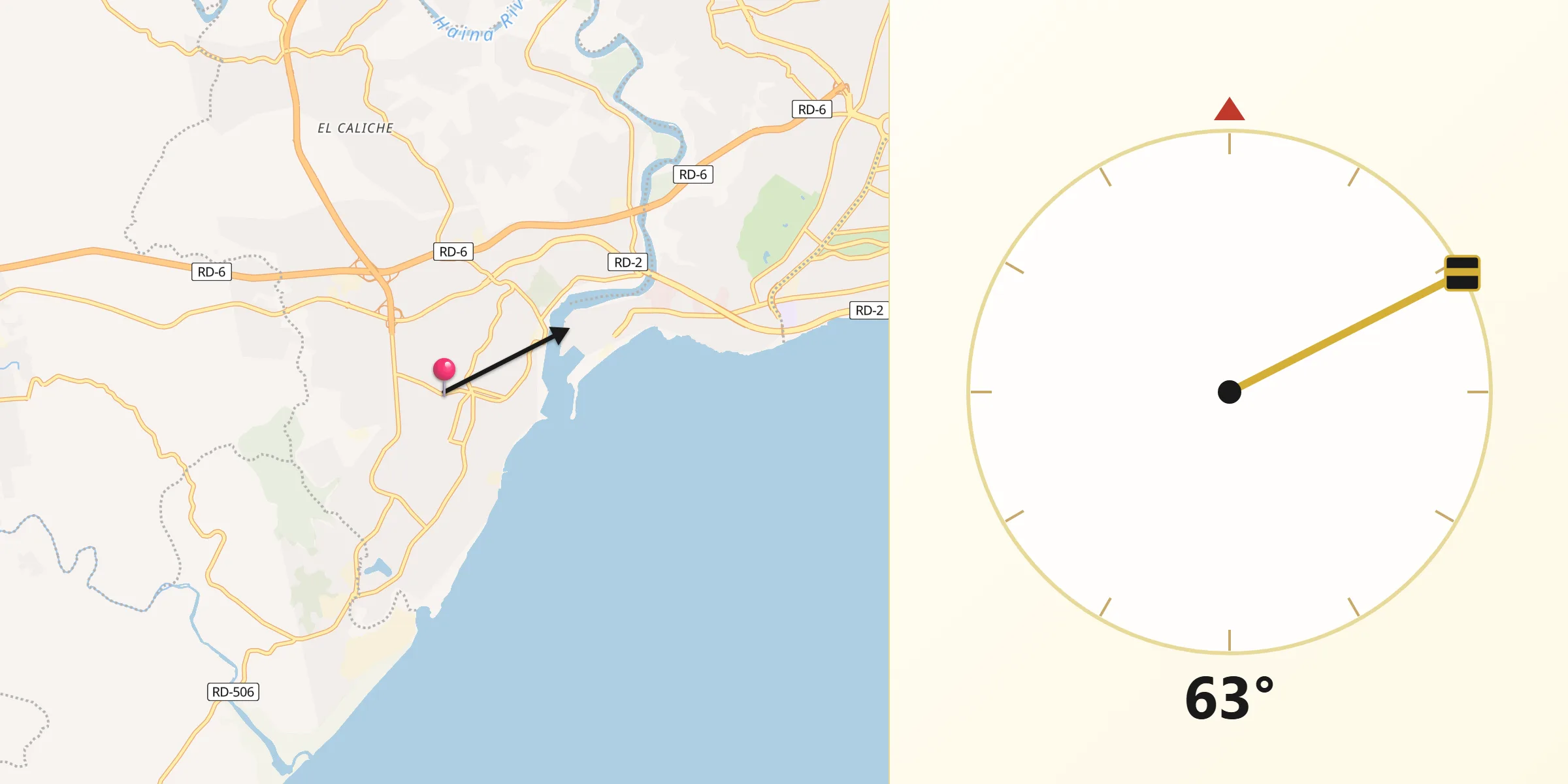 Dirección de la Qibla desde Bajos de Haina