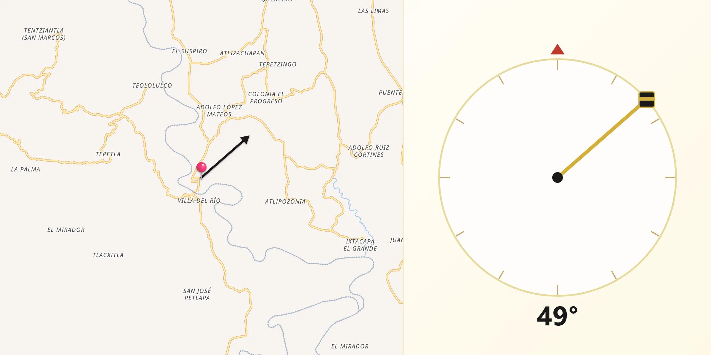 Dirección de la Qibla desde Caxapa