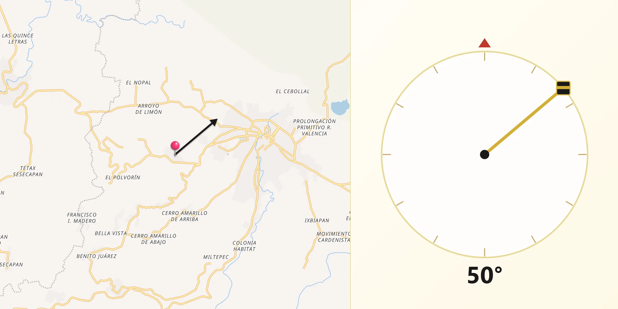 Dirección de la Qibla desde Los Pinos