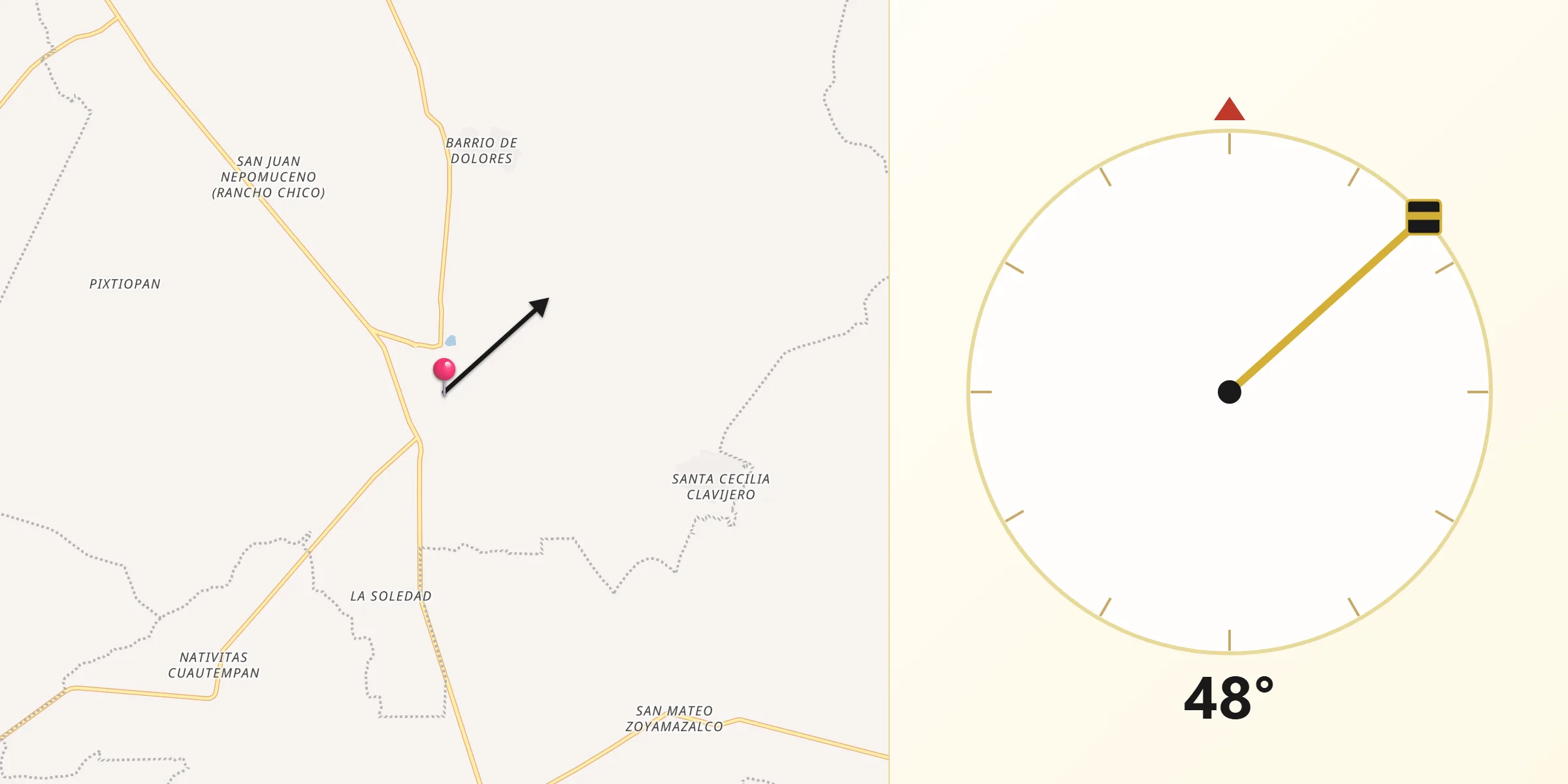 Dirección de la Qibla desde San Juan Ixcaquixtla
