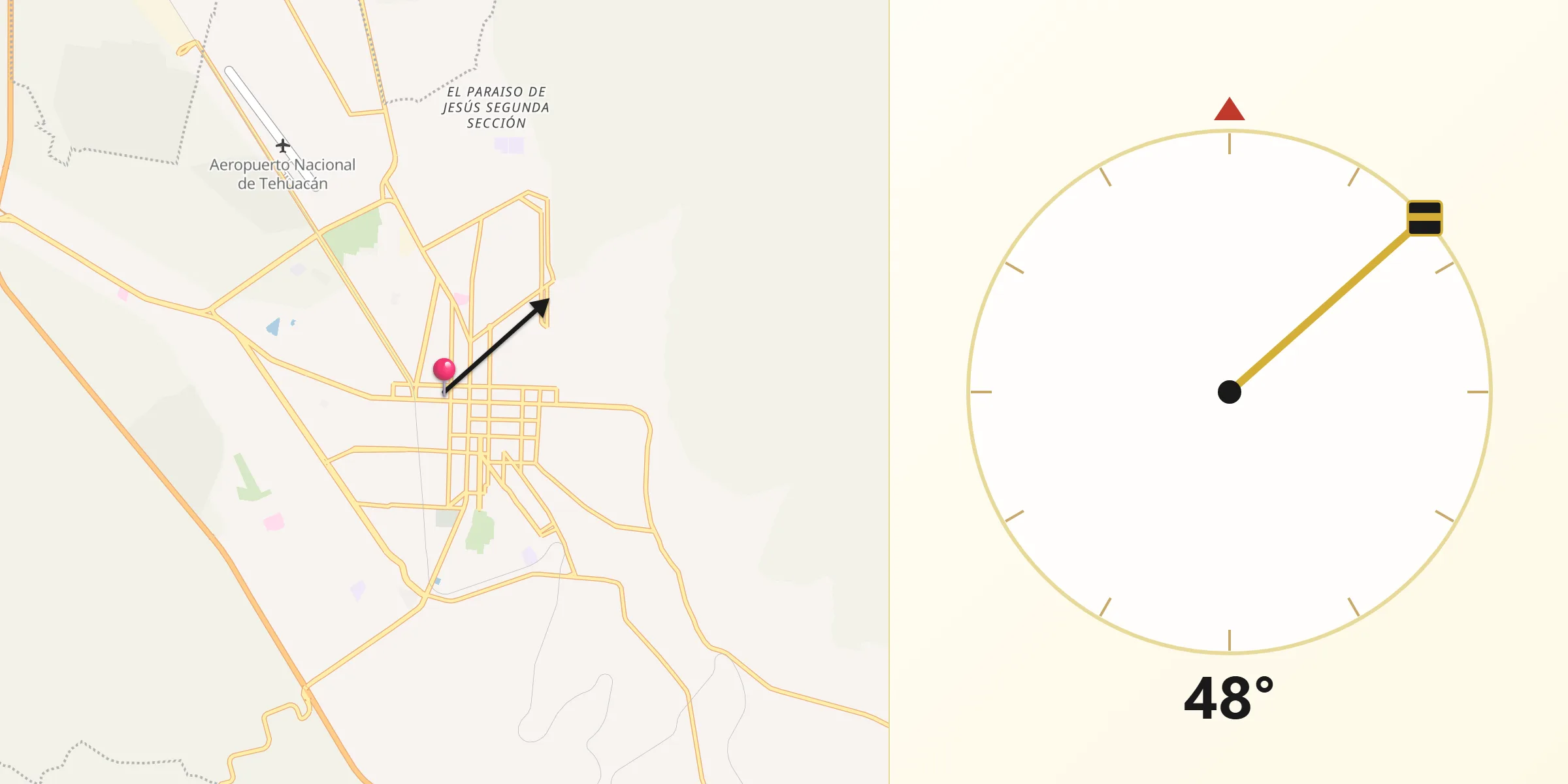 Dirección de la Qibla desde Tehuacán
