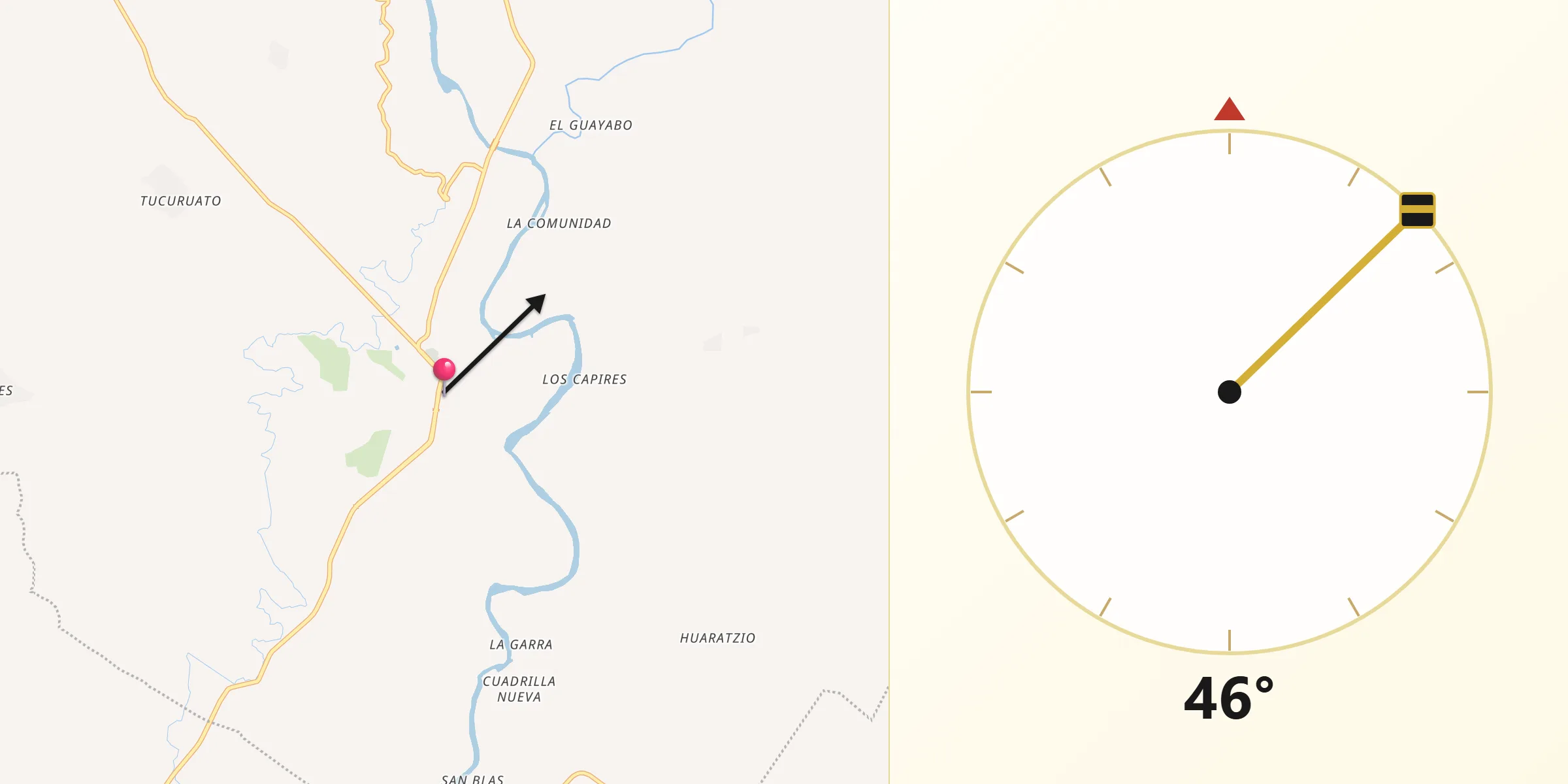 Dirección de la Qibla desde Cutzamala de Pinzón