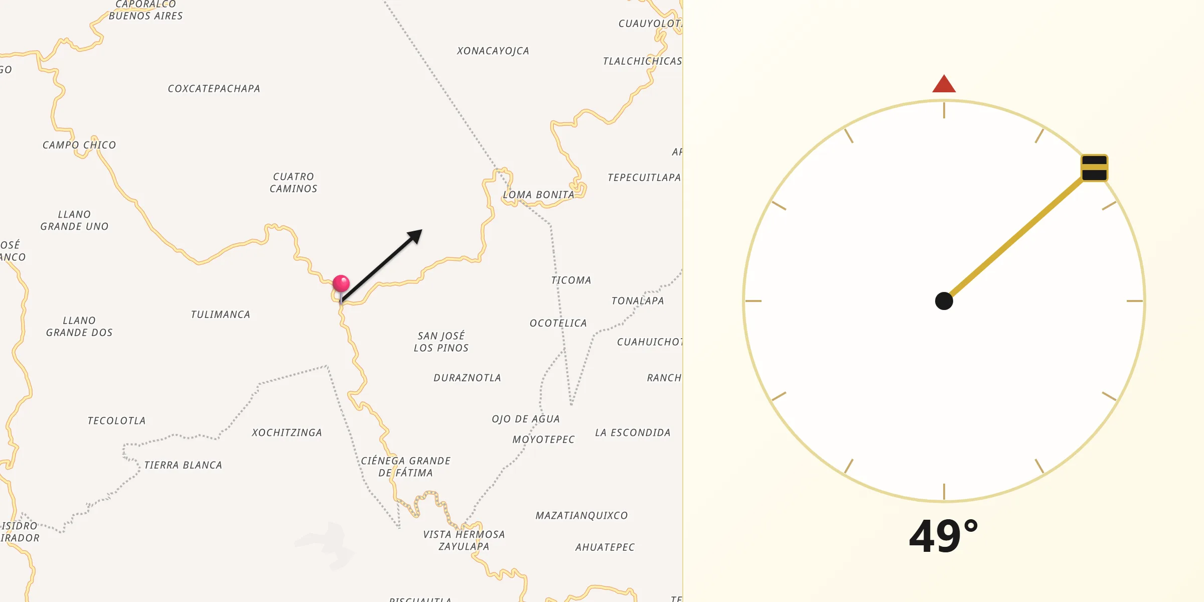 Dirección de la Qibla desde Tepetzitzintla