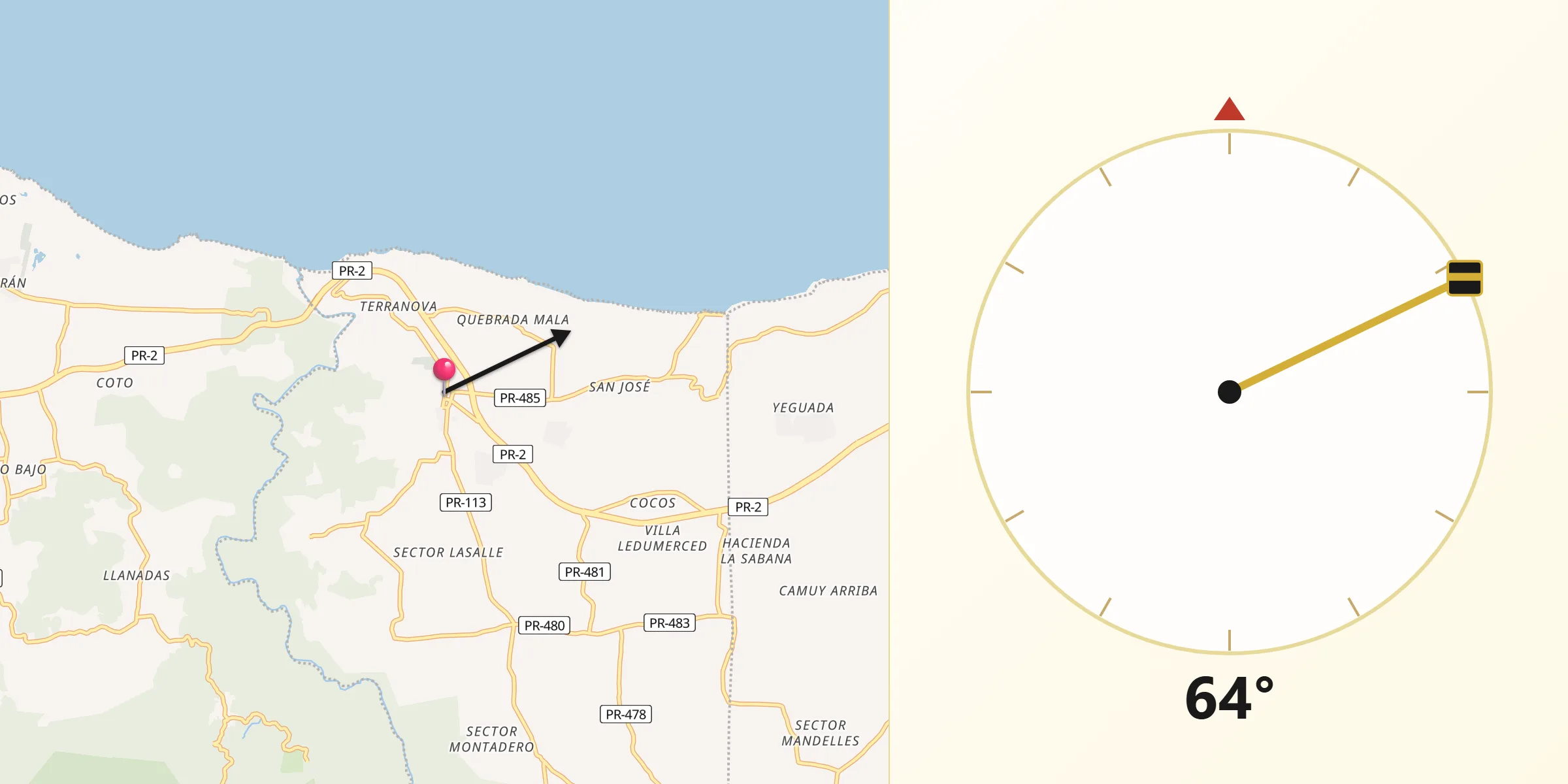 Qibla Direction from Quebradillas