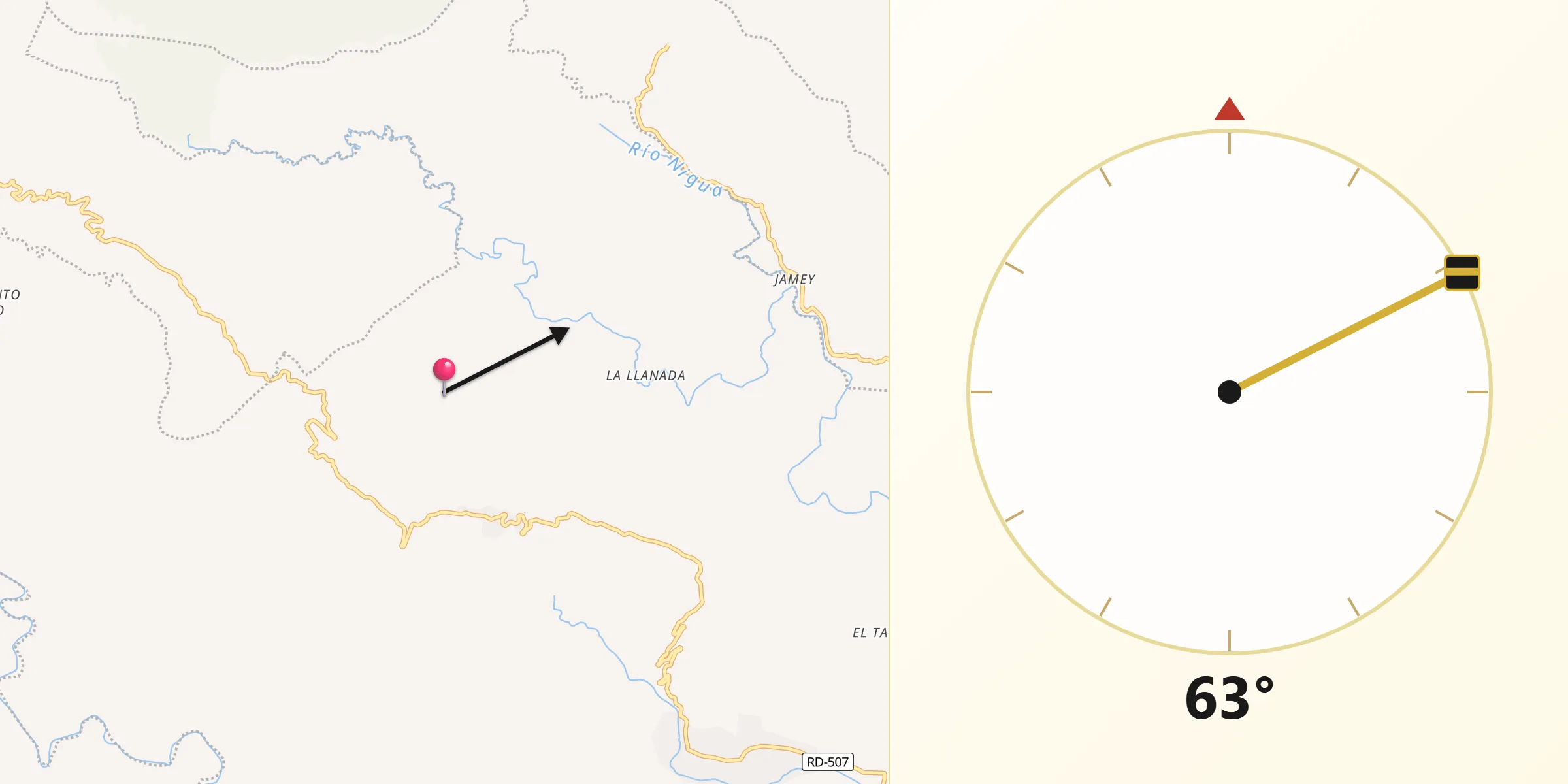 Dirección de la Qibla desde Cambita Garabitos