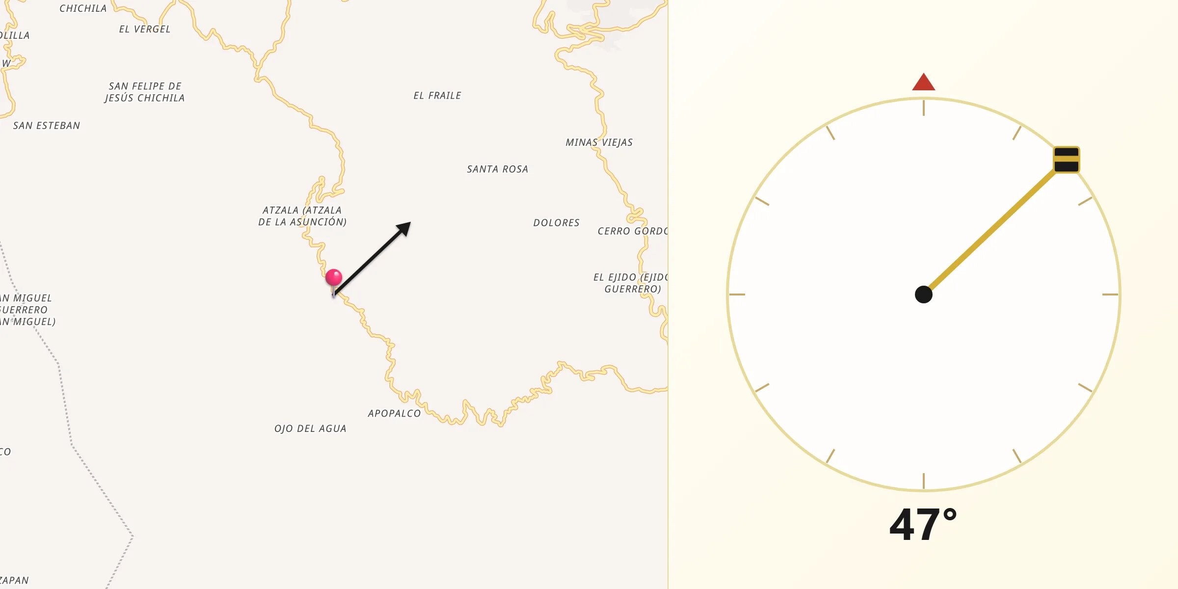 Dirección de la Qibla desde Paintla