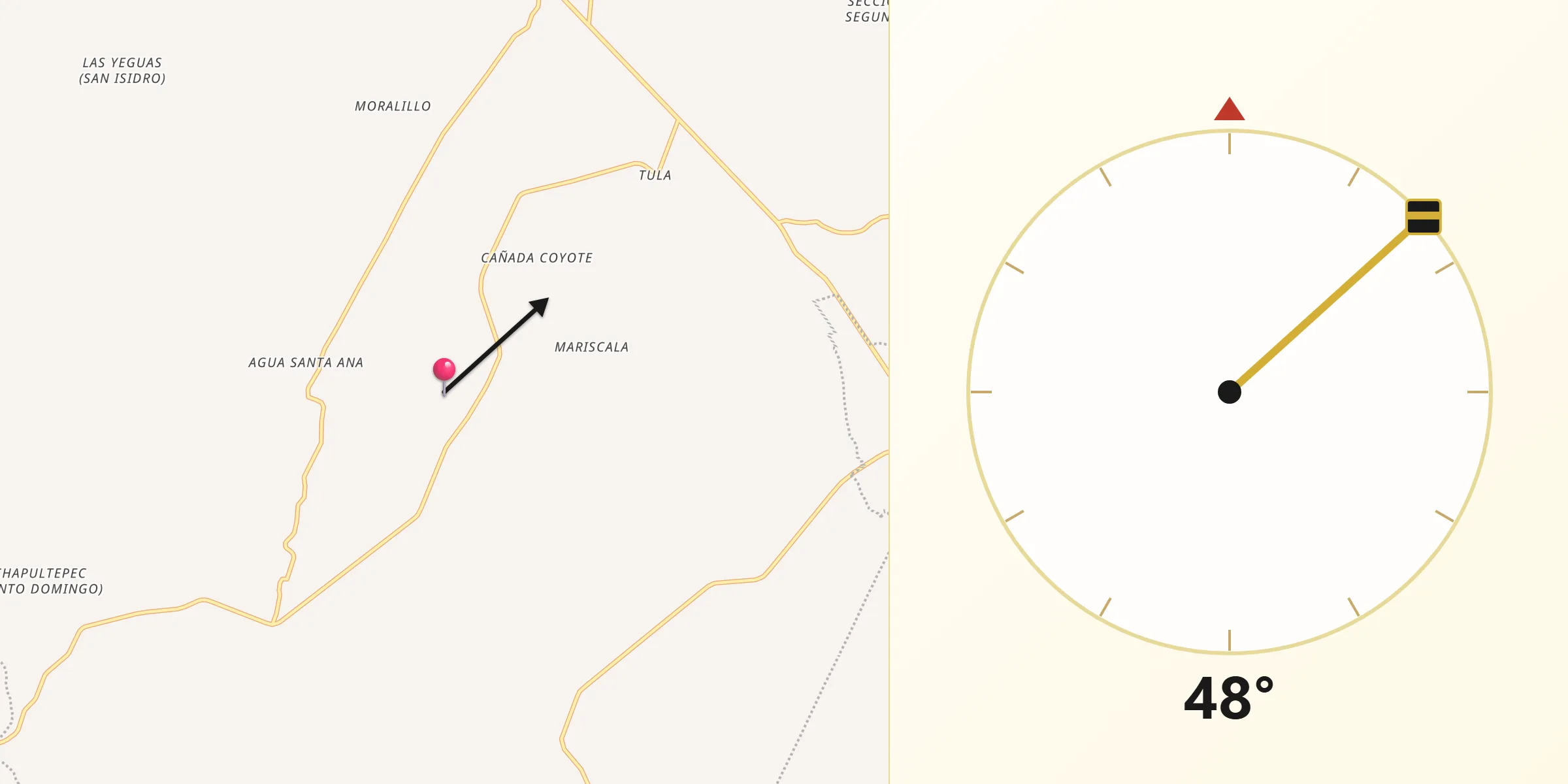 Dirección de la Qibla desde Huajoyuca