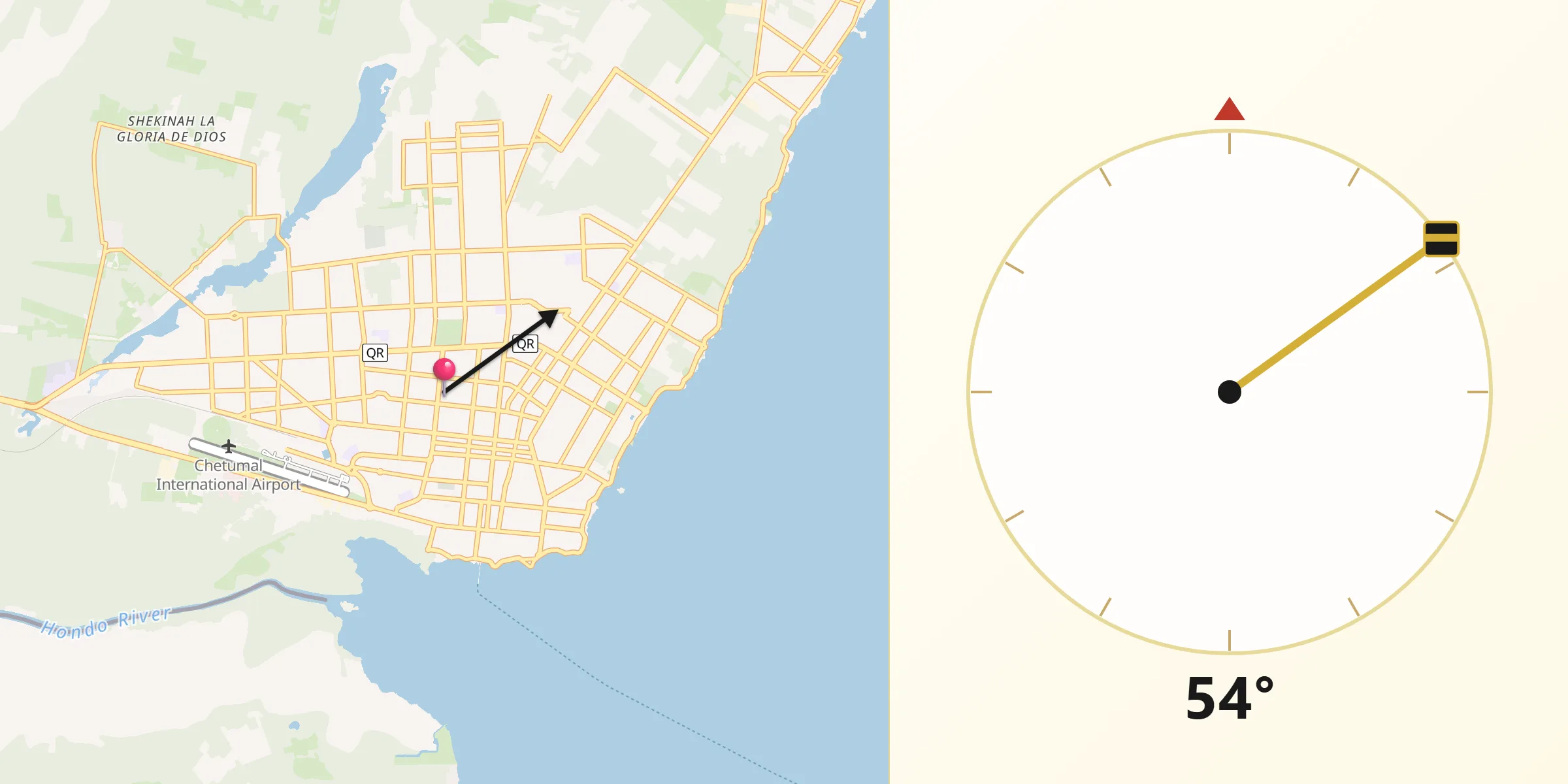Dirección de la Qibla desde Chetumal