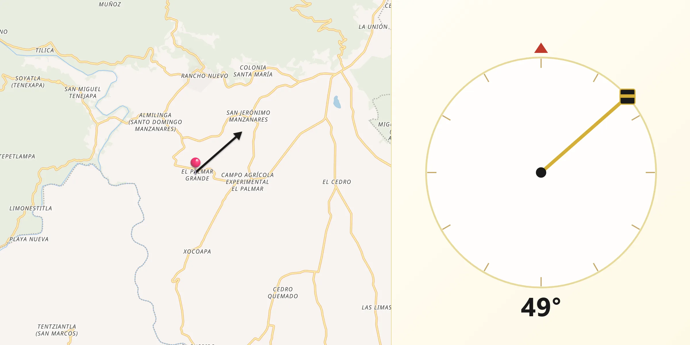 Dirección de la Qibla desde Palmar Grande