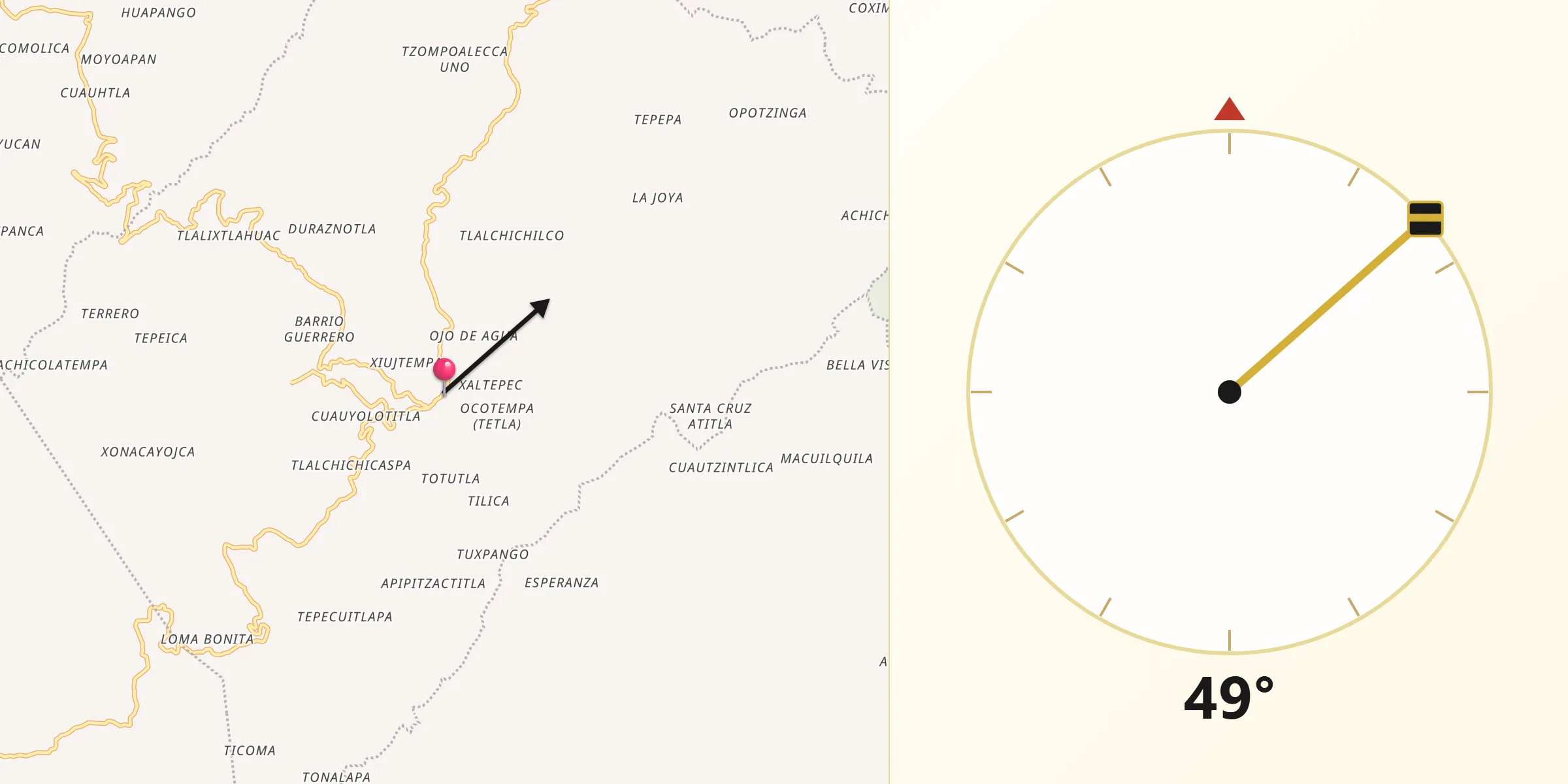 Dirección de la Qibla desde Tehuipango