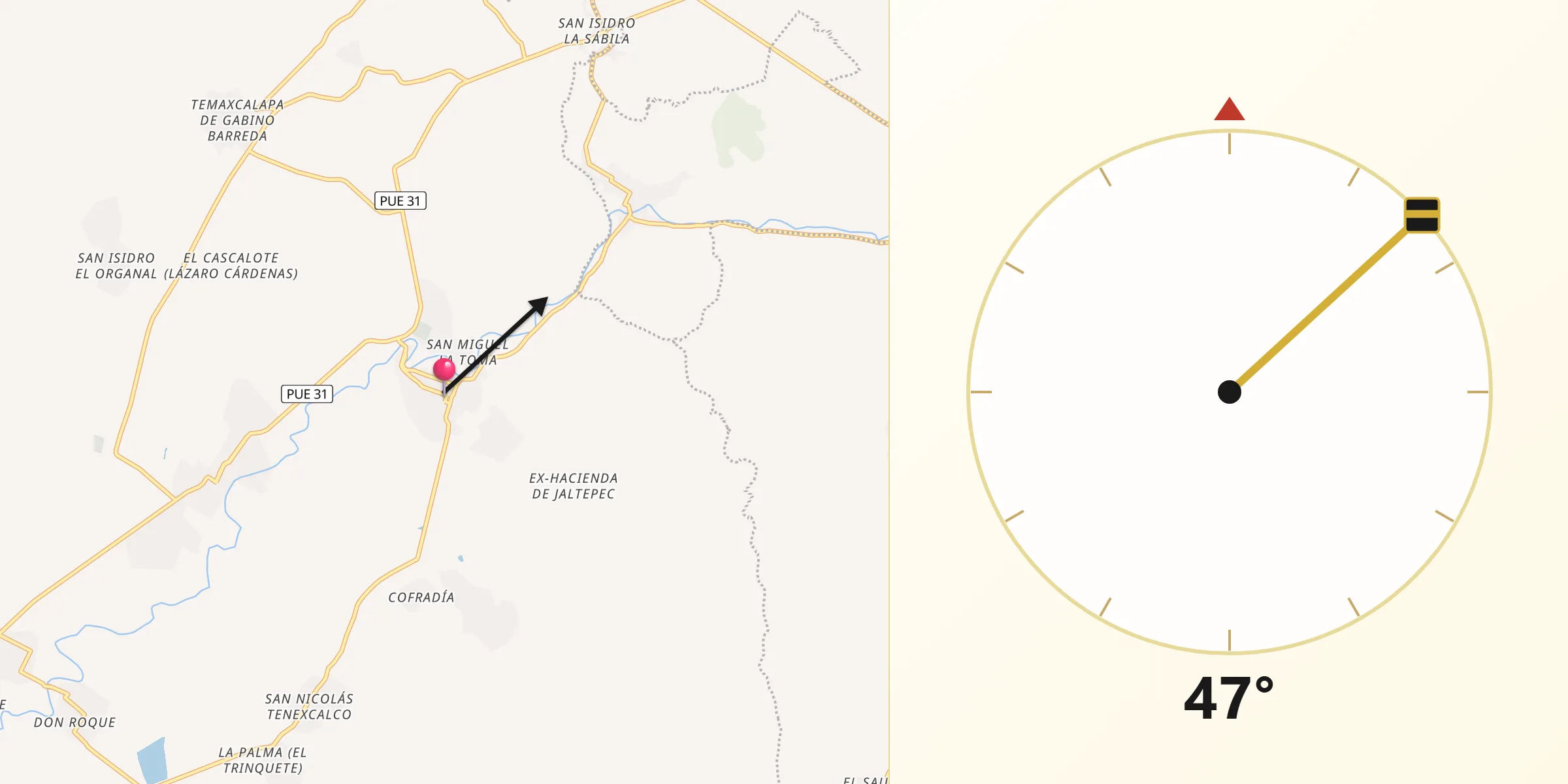 Dirección de la Qibla desde Chietla