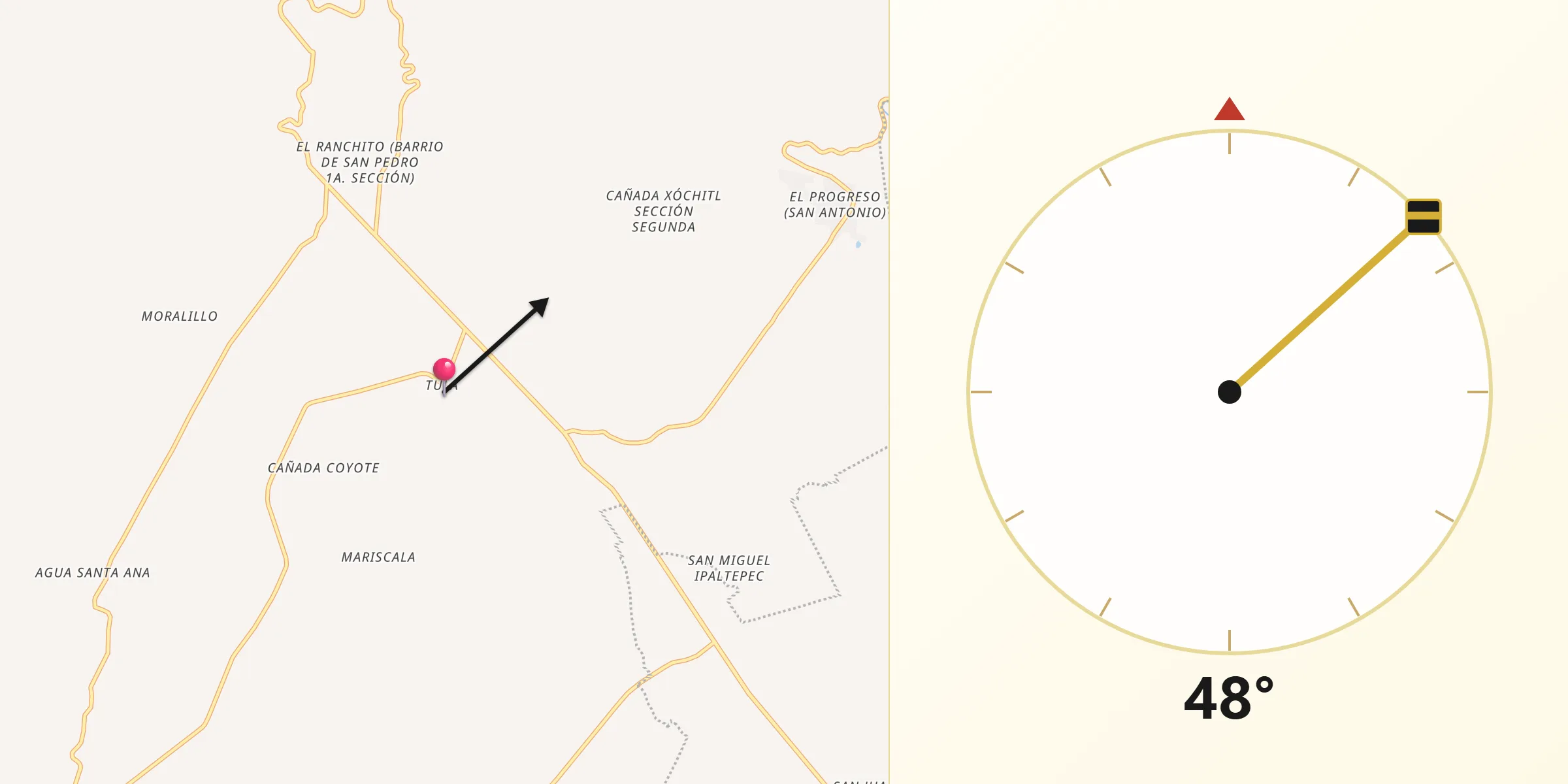 Dirección de la Qibla desde Tula