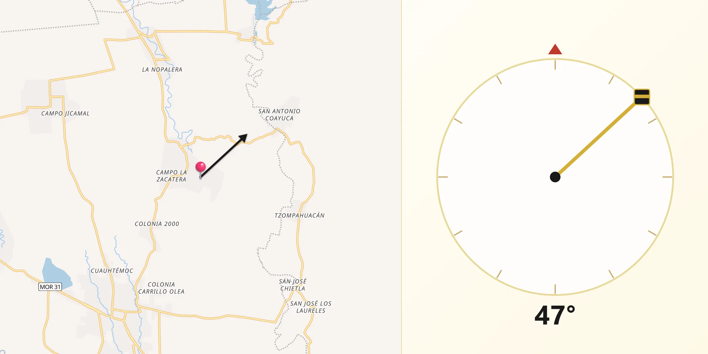 Dirección de la Qibla desde Atlacahualoya