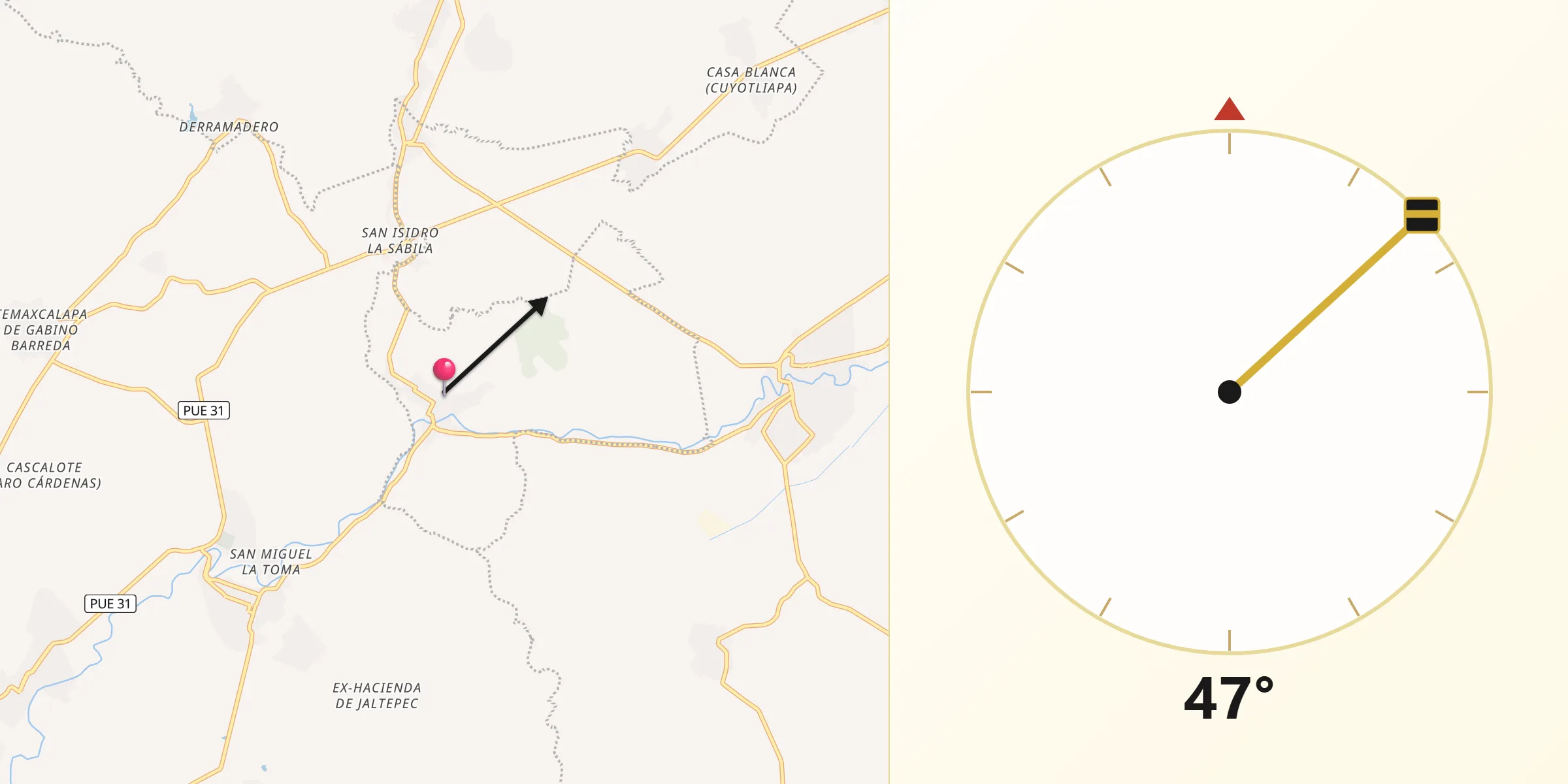 Dirección de la Qibla desde Atzala