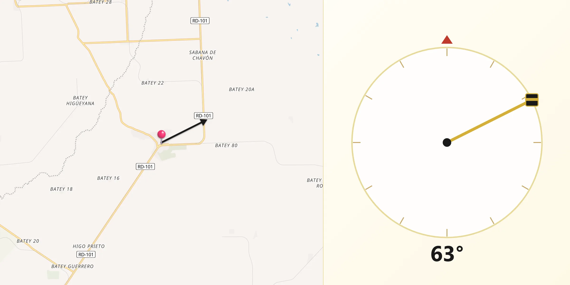 Dirección de la Qibla desde Guaymate