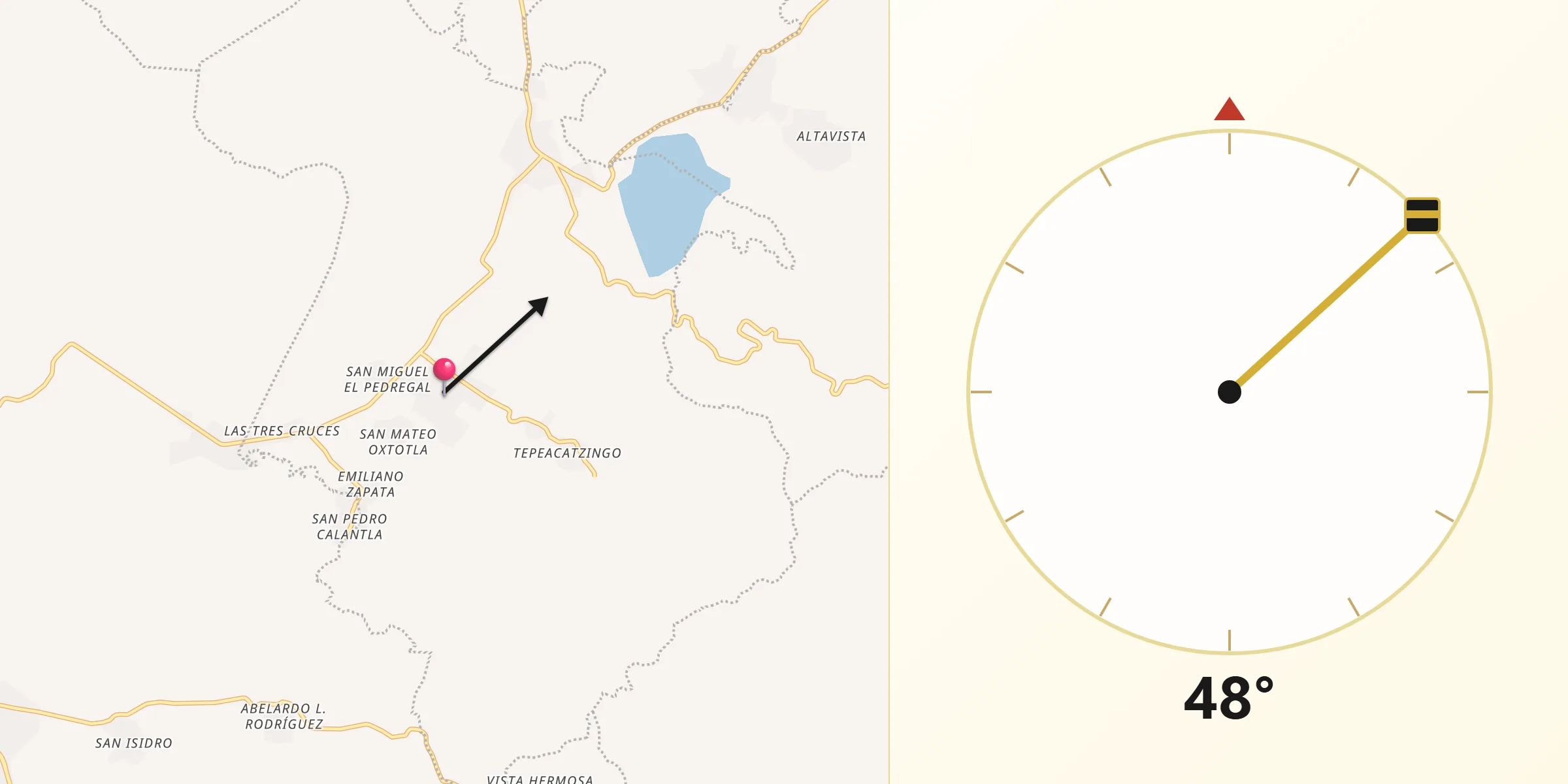 Dirección de la Qibla desde Santa Ana Necoxtla