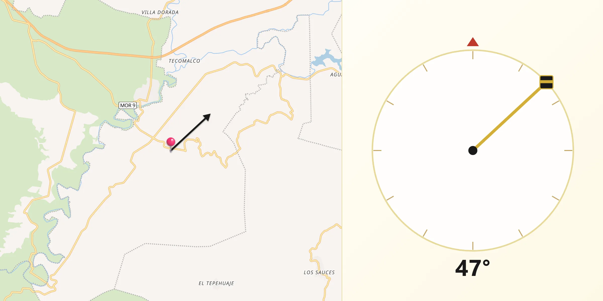 Dirección de la Qibla desde Chinameca