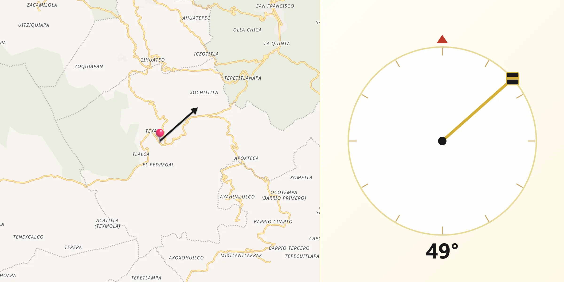 Dirección de la Qibla desde Texhuacán