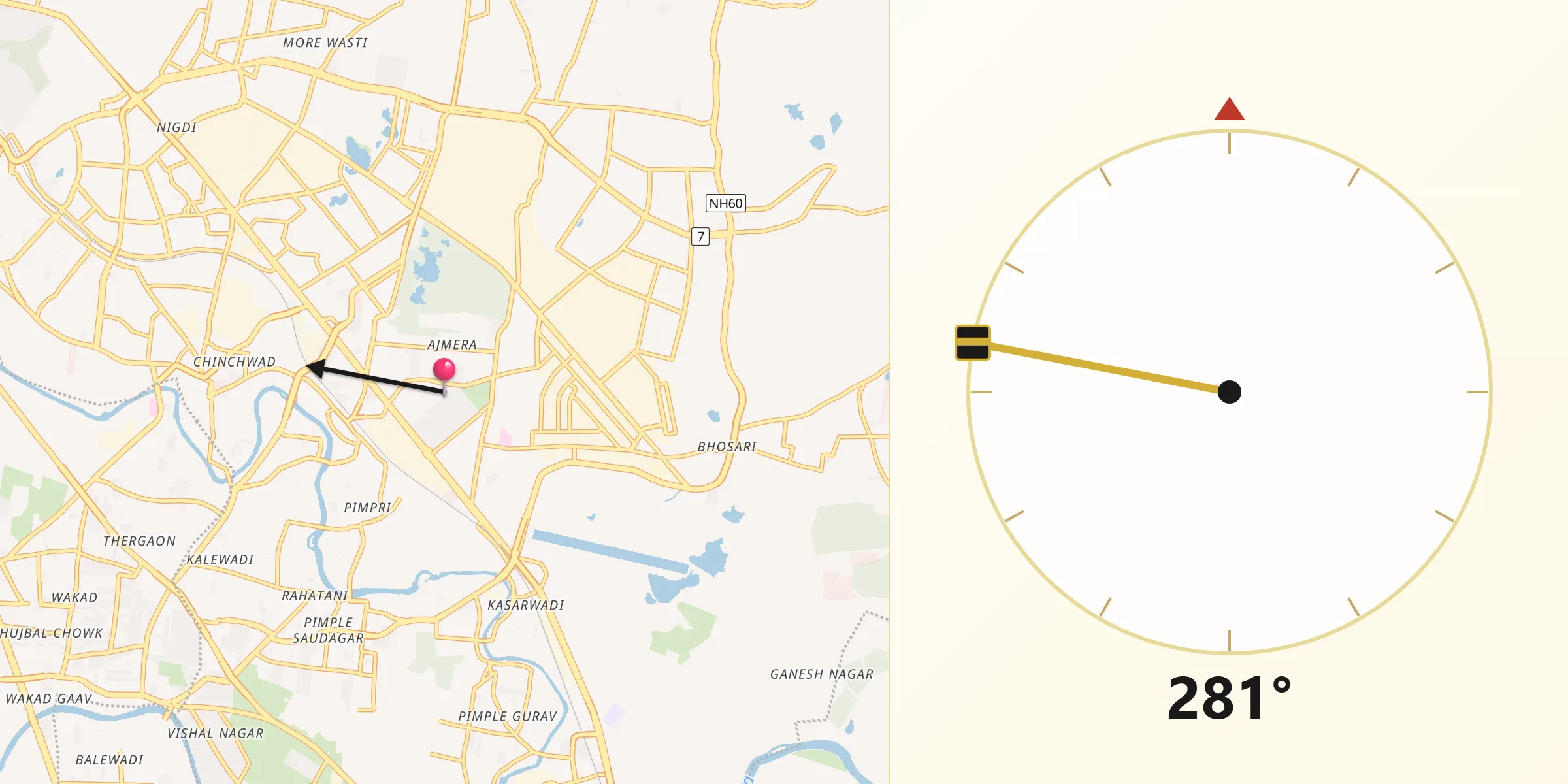 Qibla Direction from Pimpri-Chinchwad