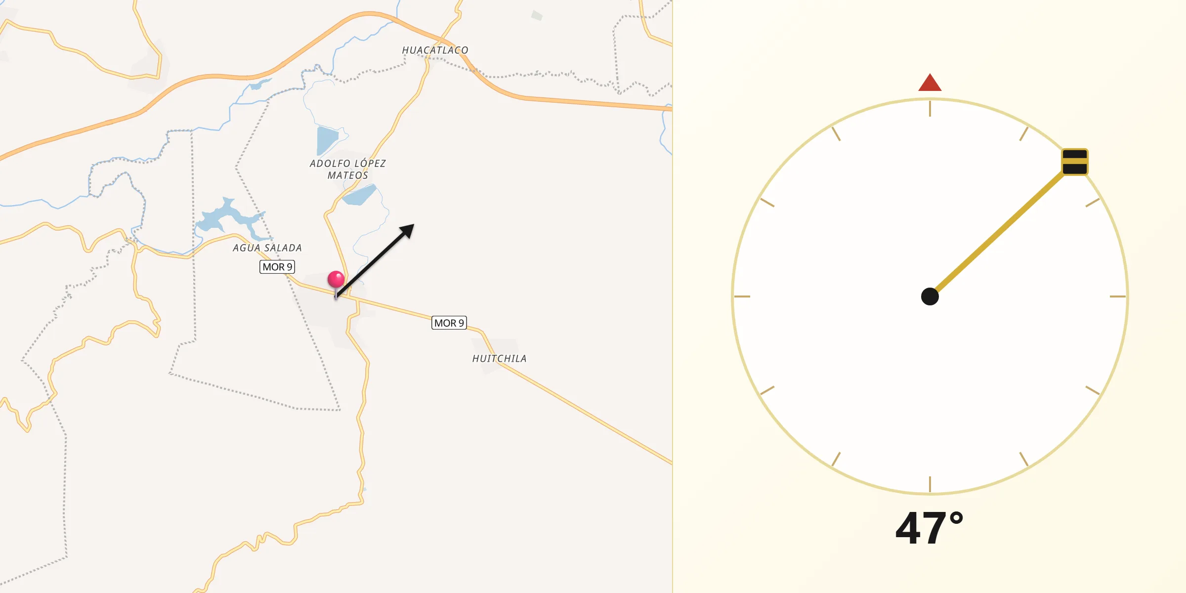 Dirección de la Qibla desde Huitchila