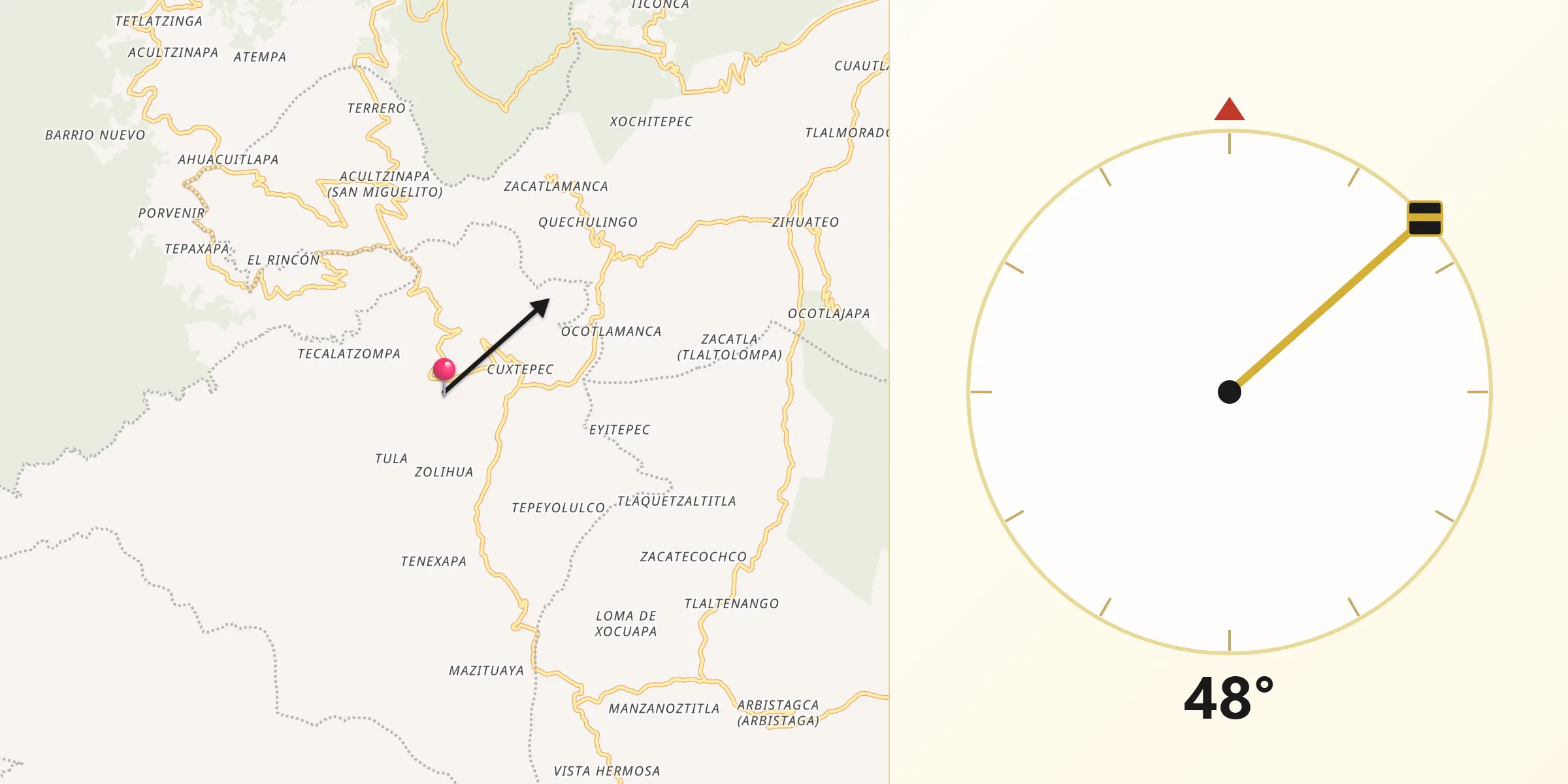 Dirección de la Qibla desde Xoxocotla