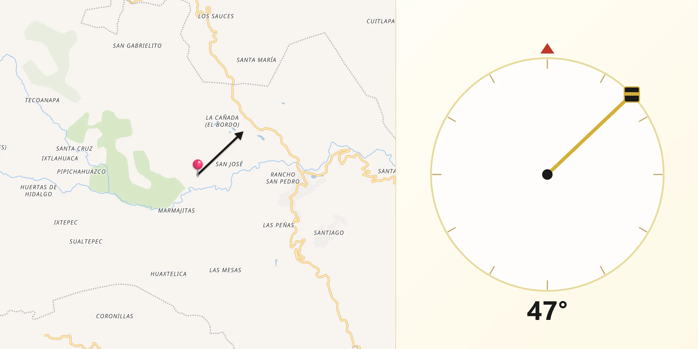 Dirección de la Qibla desde Tetipac